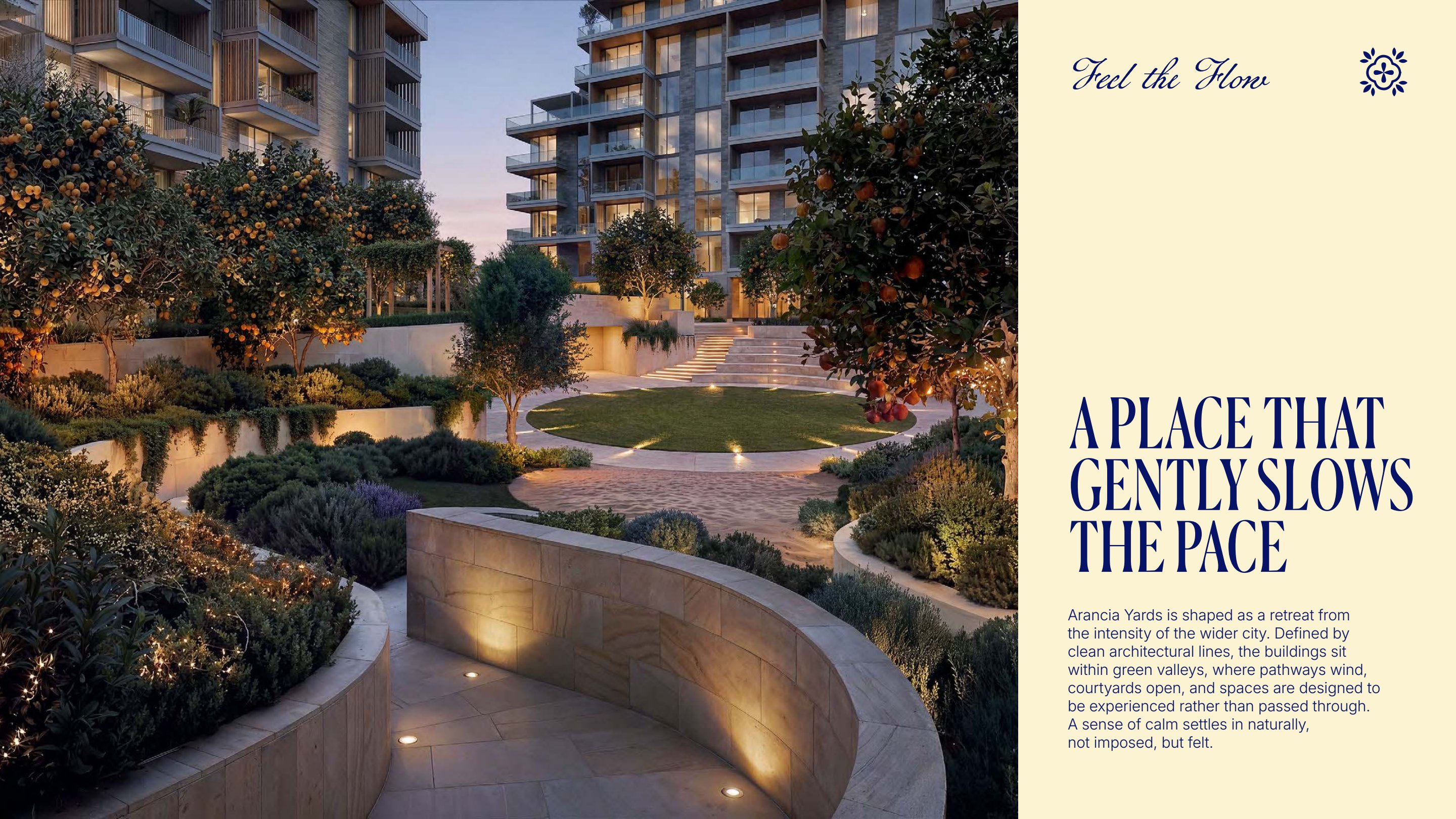 Arancia Yards — evening garden path render
