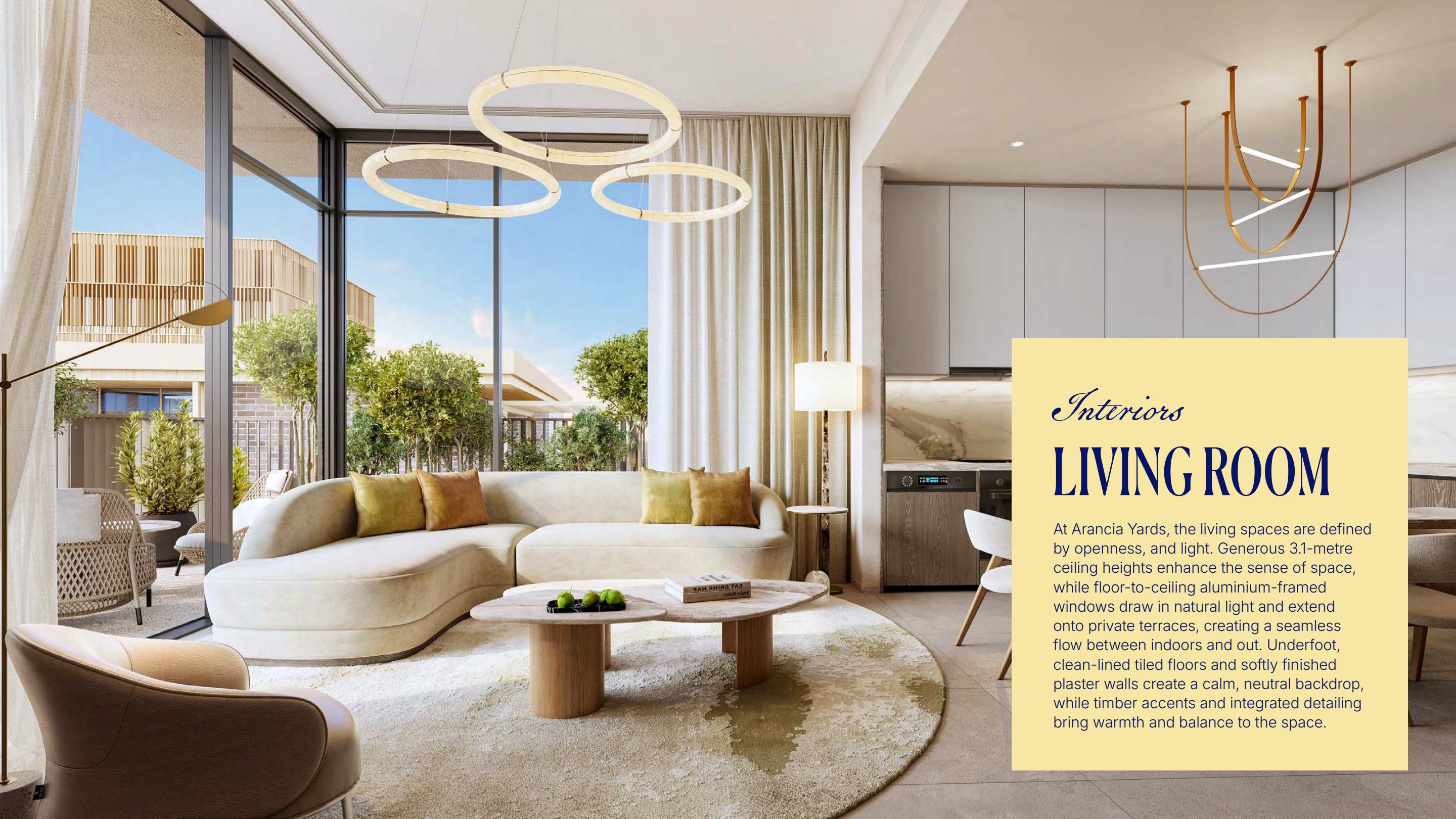 Arancia Yards living room — 3.1m ceilings, floor-to-ceiling windows, timber accents