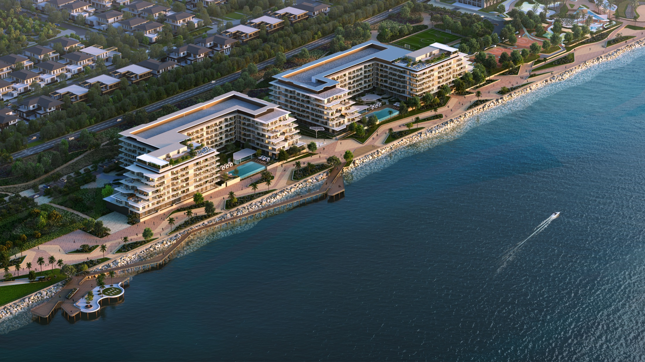 Bashayer Residences — twin waterfront buildings on the point, boardwalk and beach promenade, Hudayriyat Island
