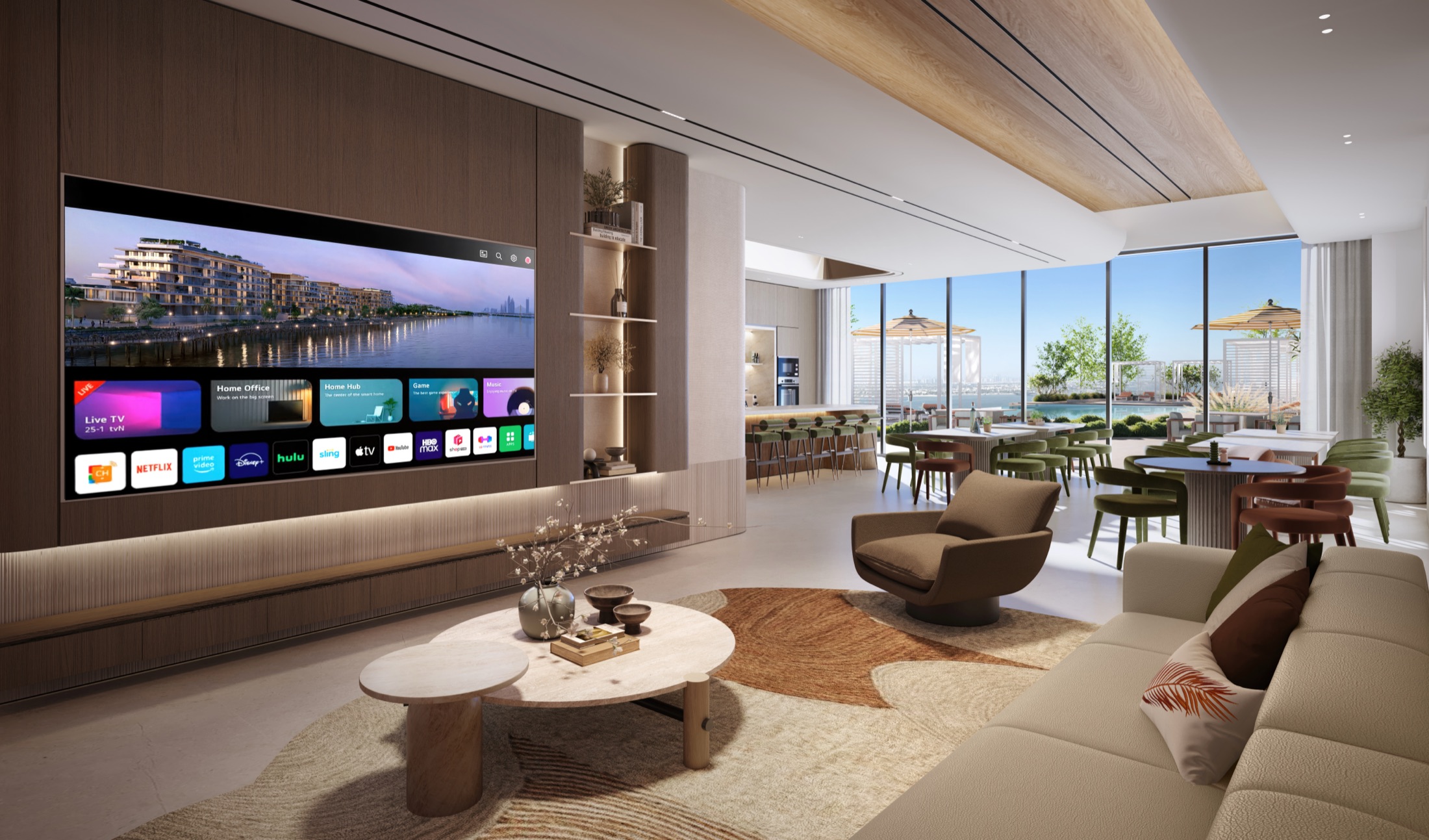 Bashayer Residences — chef's kitchen and resident lounge with smart TV and pool terrace beyond