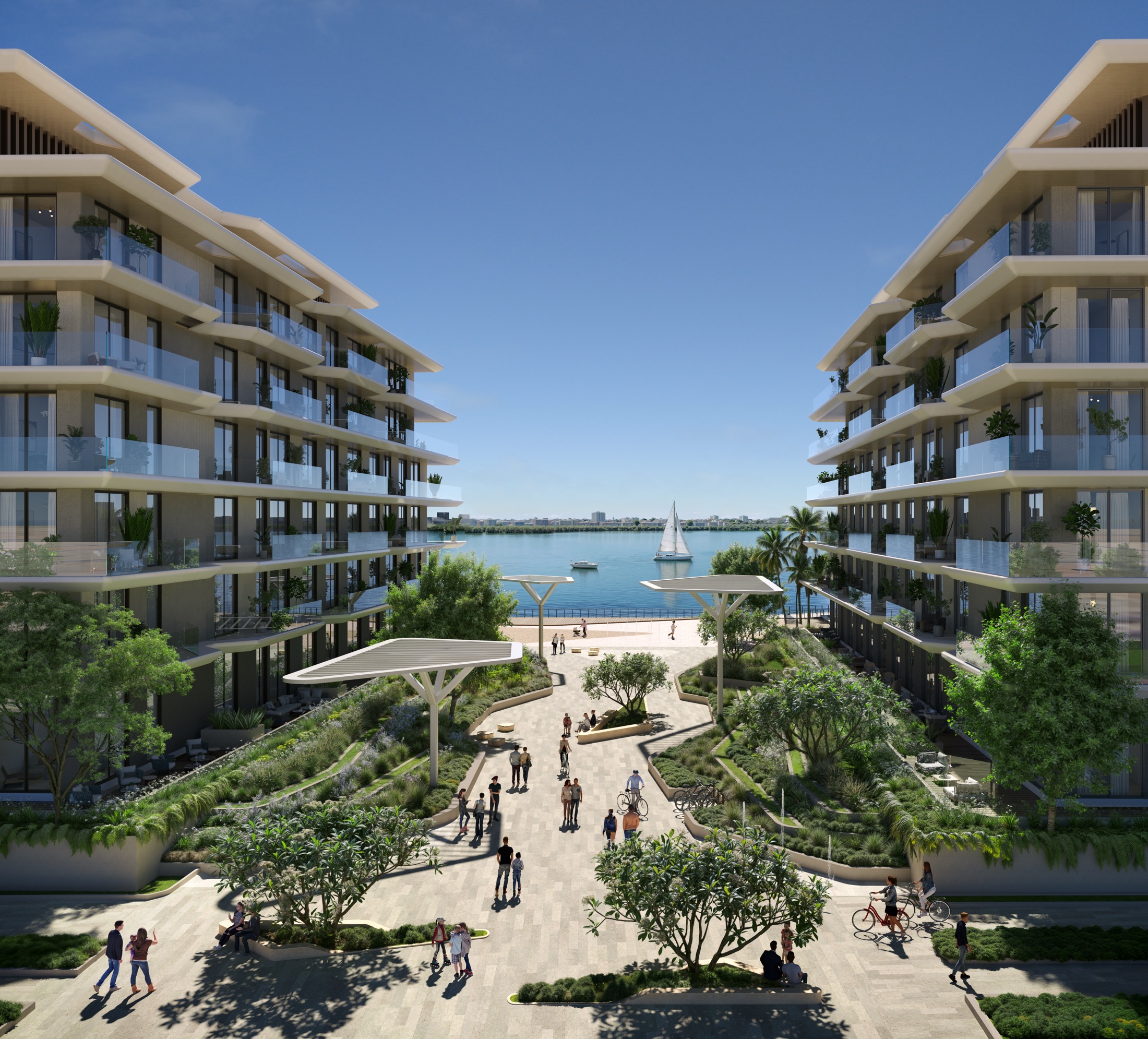 Bashayer Residences — plaza between buildings opening to the marina, sailboat passing