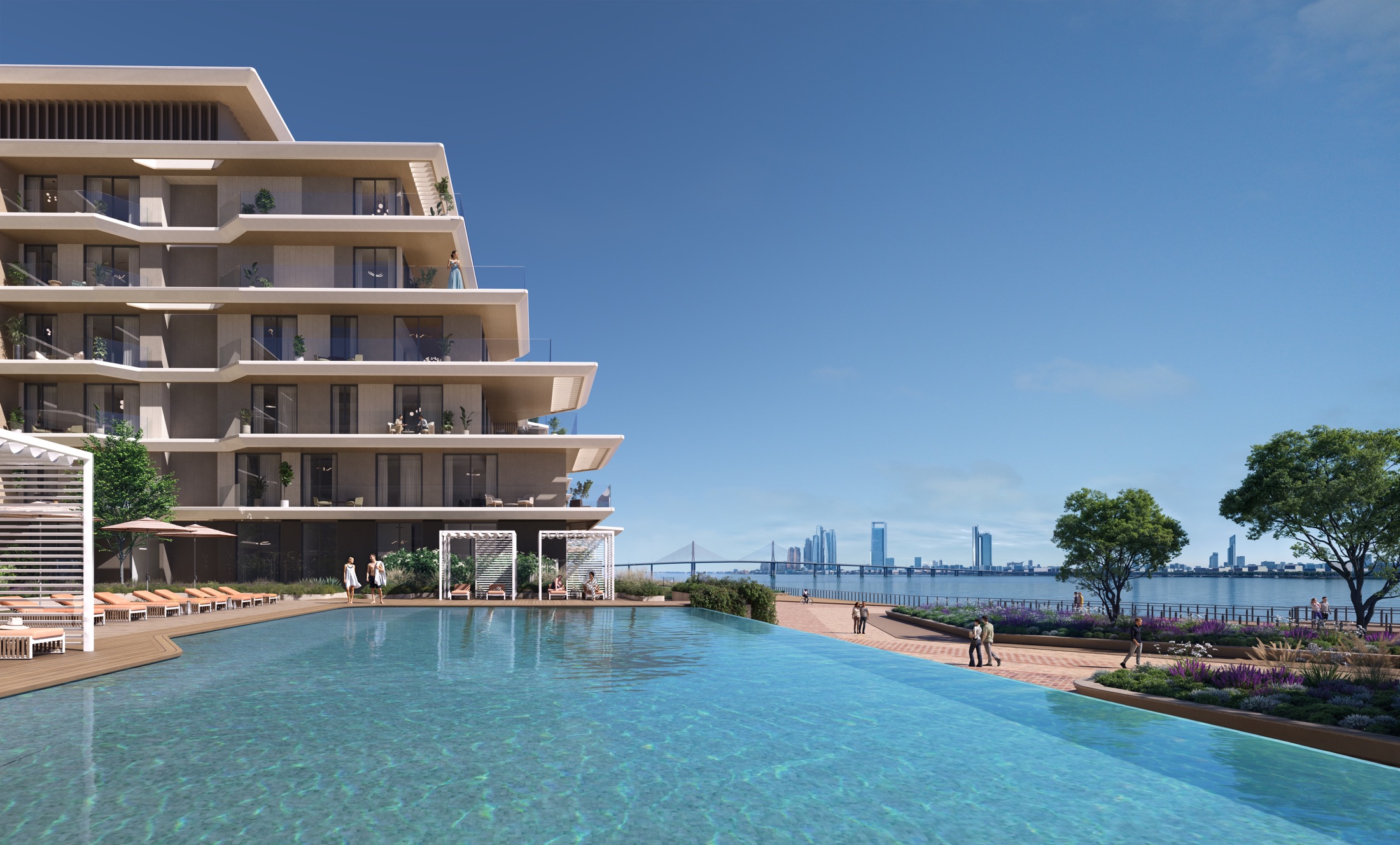 Bashayer Residences — infinity pool deck facing the channel with Abu Dhabi skyline