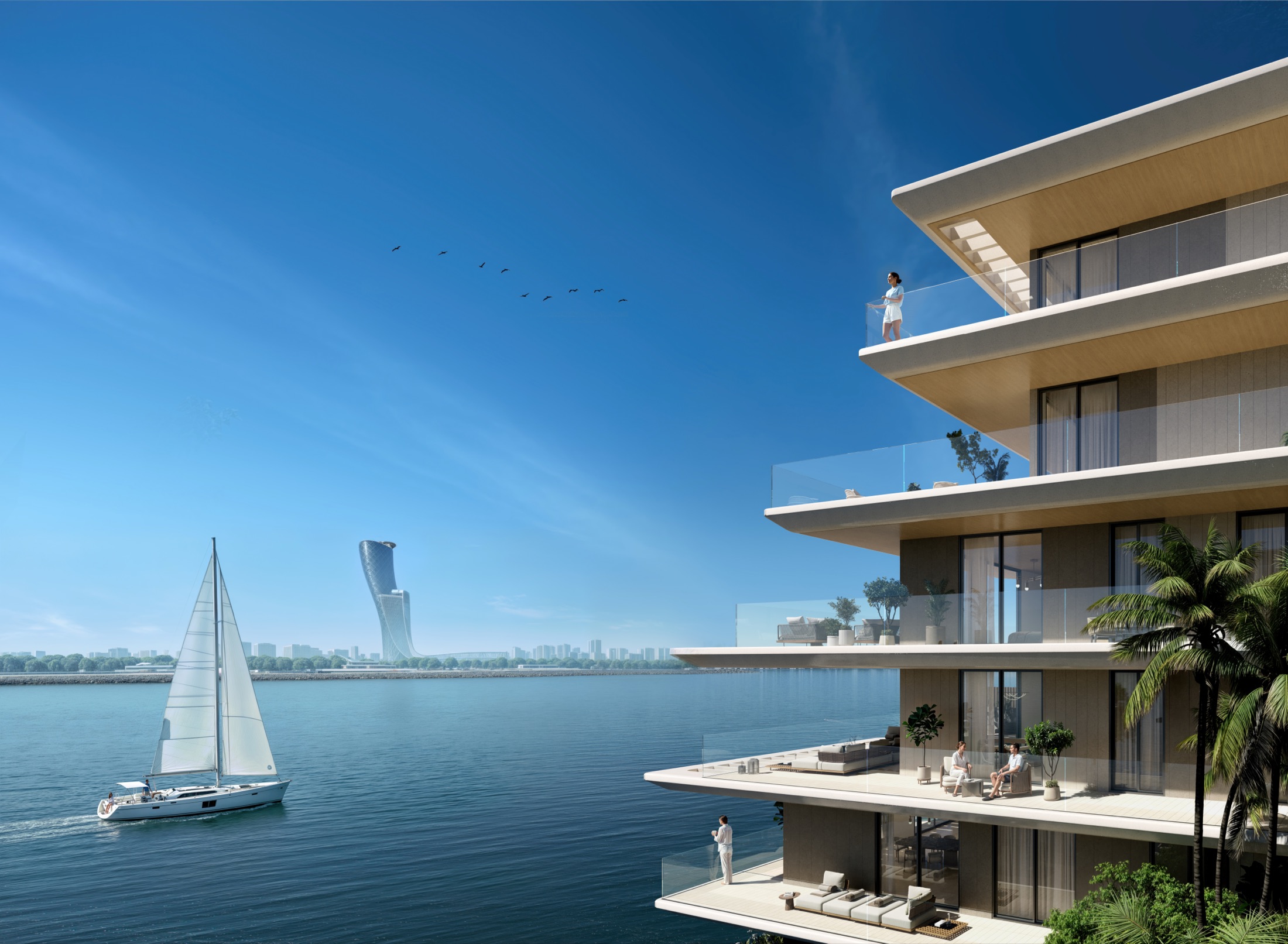 Bashayer Residences — waterfront balconies with the Capital Gate tower visible across the channel