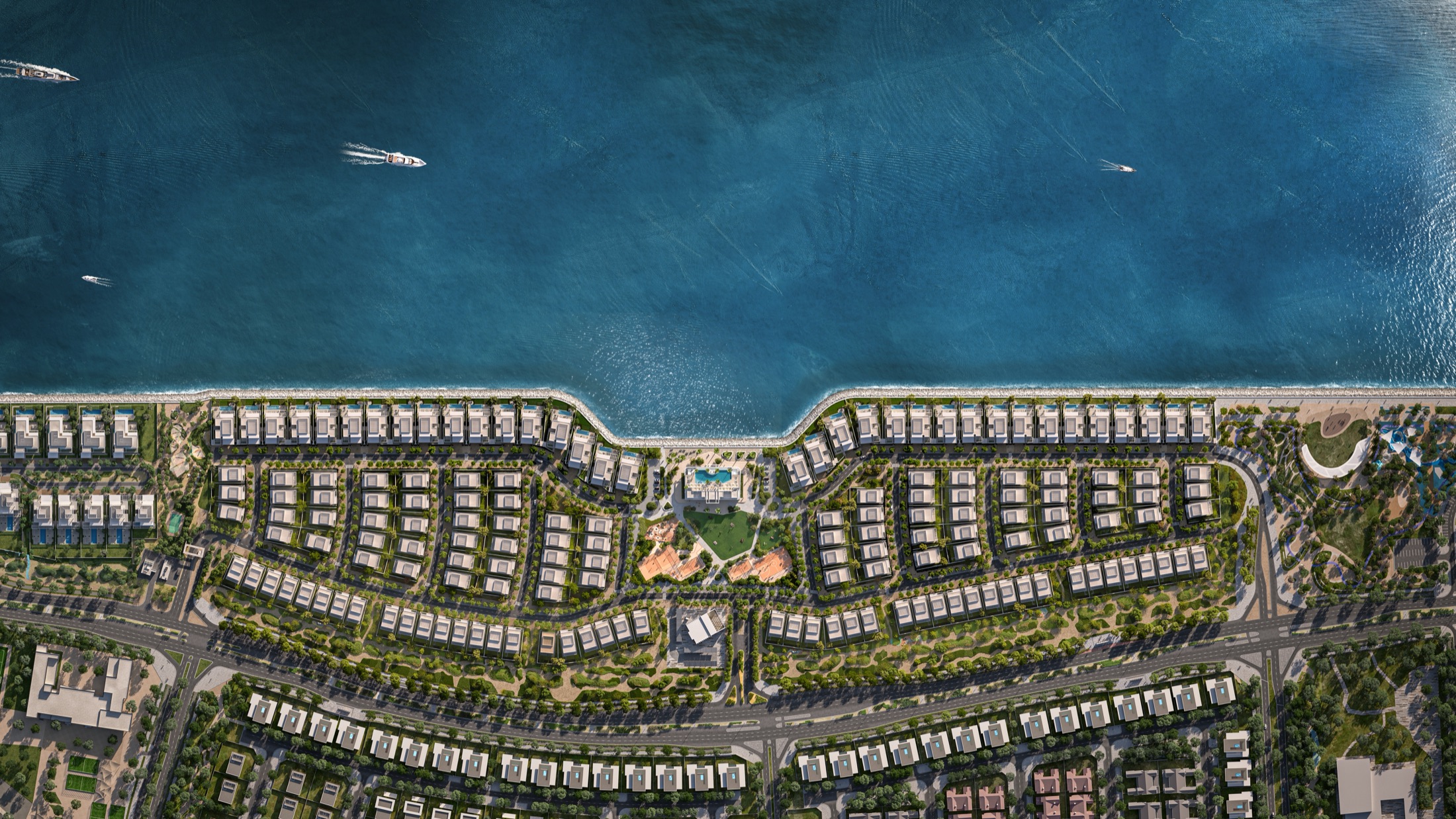 Bashayer Villas — straight-down masterplan aerial of the gated villa community along the coastline