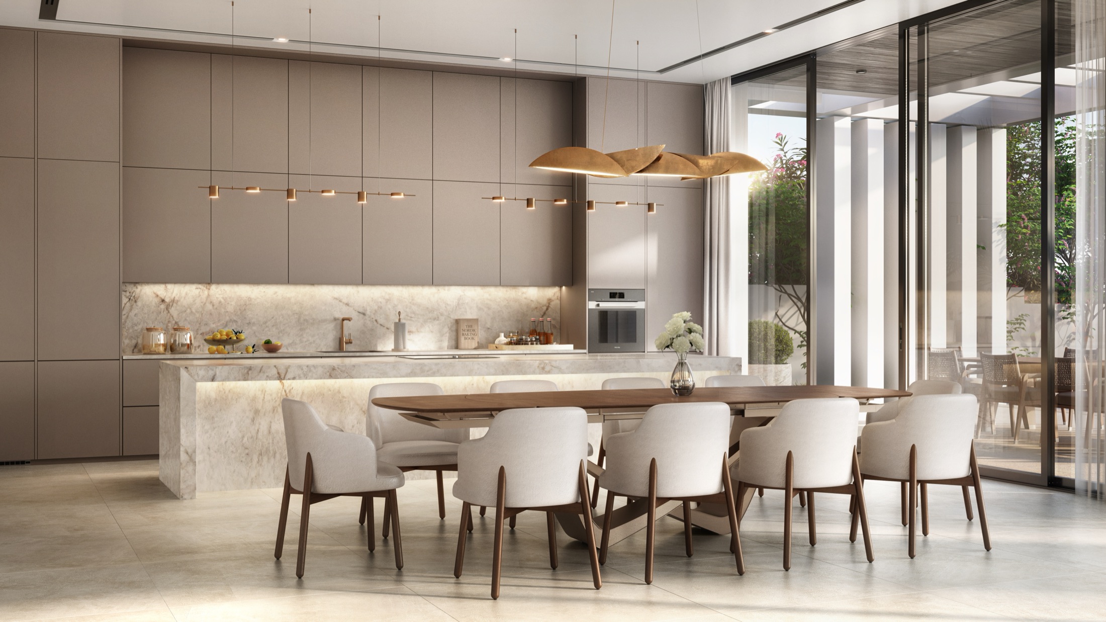 Bashayer Villas — open-plan kitchen and dining interior with marble island