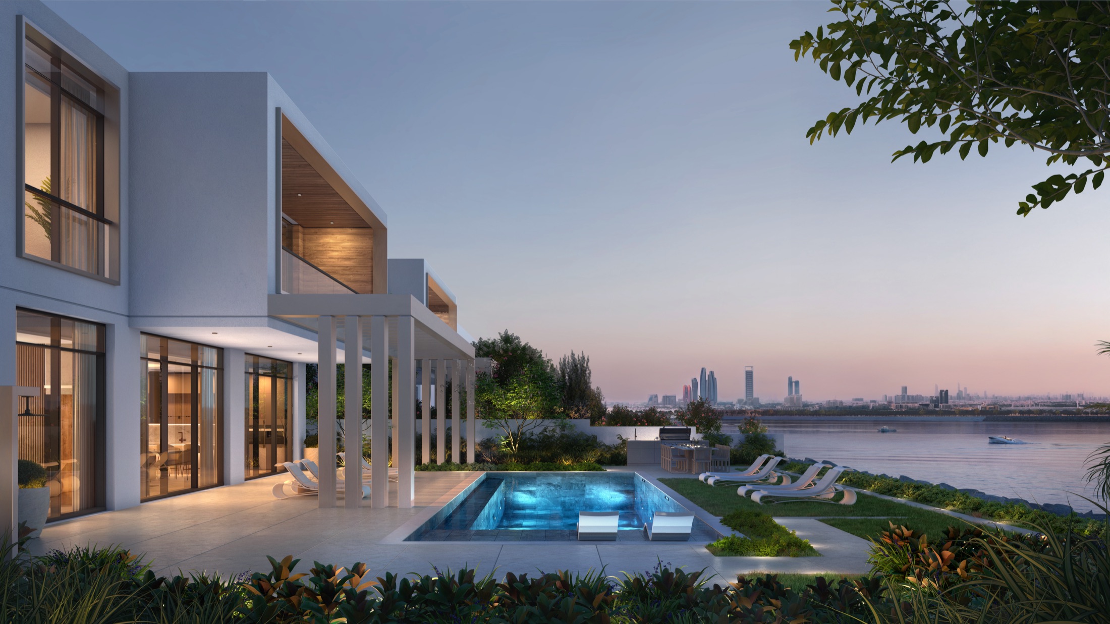 Bashayer Shore Villas — private pool and BBQ terrace at dusk with the Abu Dhabi skyline