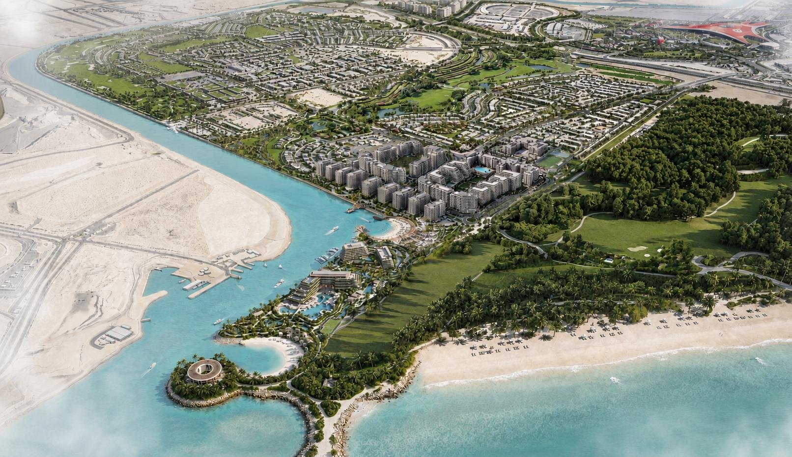Aerial view of Yas Point — Ferrari World, Yas Marina and the wider Yas Island masterplan
