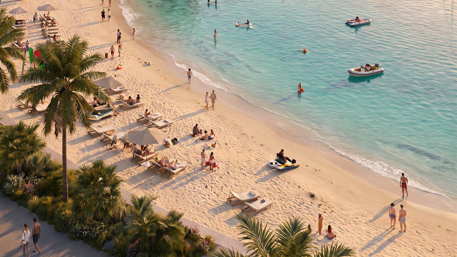Yas Point public beach — palm-lined shoreline five minutes from The Canopies