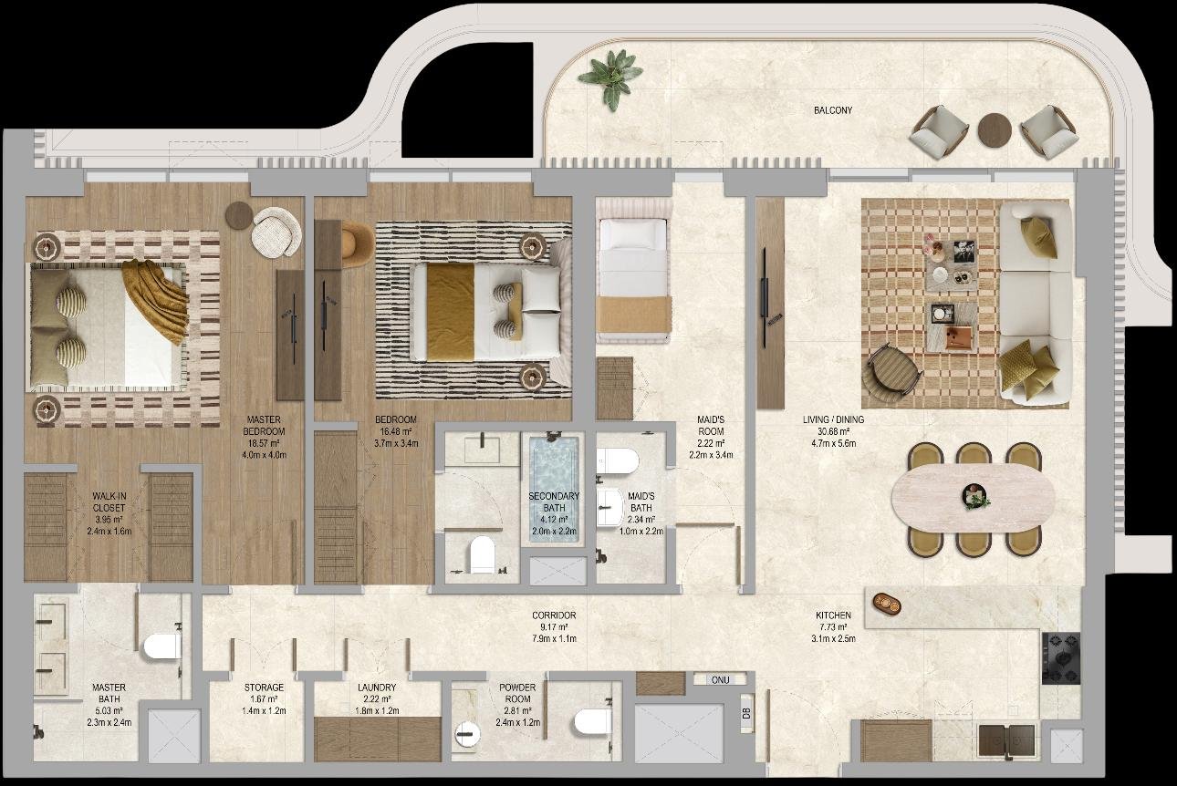 The Canopies at Yas Point — 2 Bedroom + Maid Type 1 floor plan