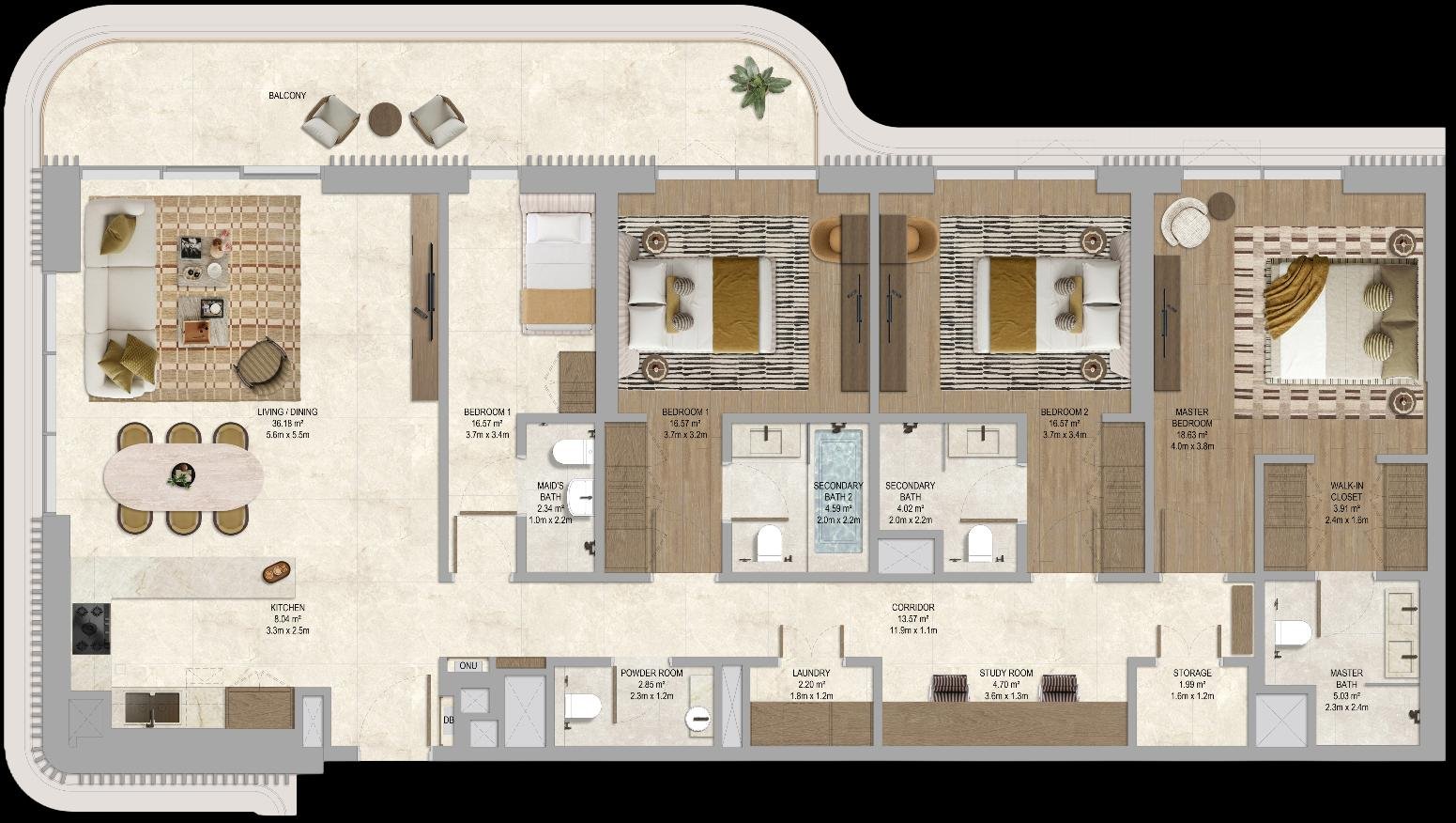 The Canopies at Yas Point — 3 Bedroom + Maid + Study floor plan