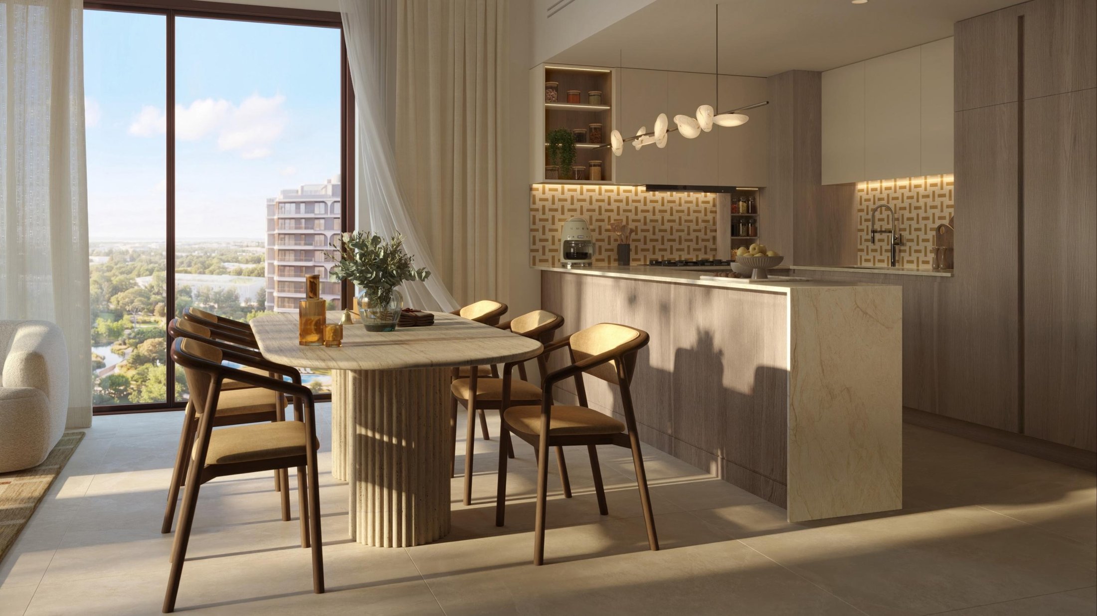The Canopies at Yas Point — kitchen and dining interior with view of the community towers