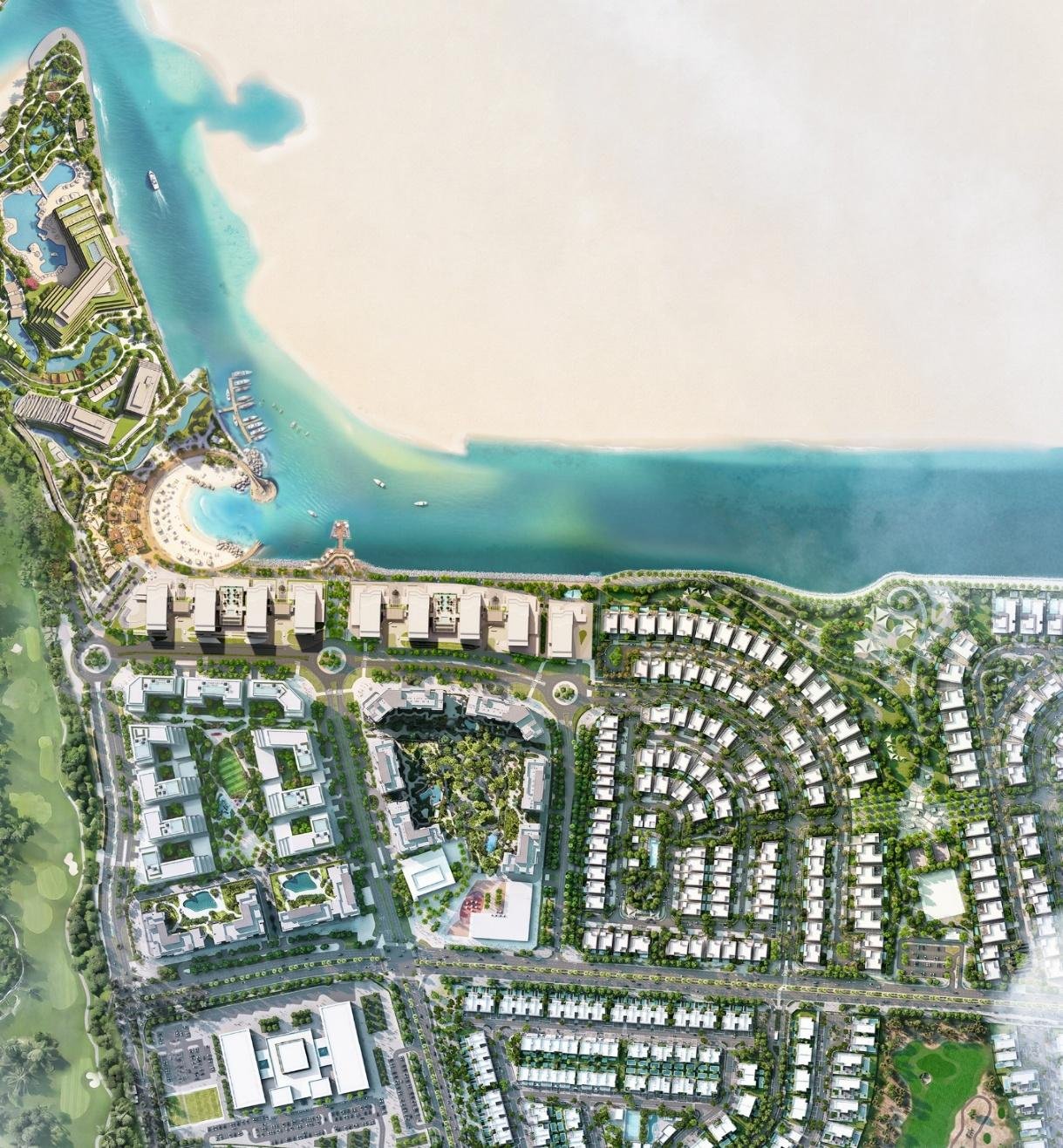 The Canopies at Yas Point masterplan — six buildings positioned on the waterfront at the tip of Yas Island