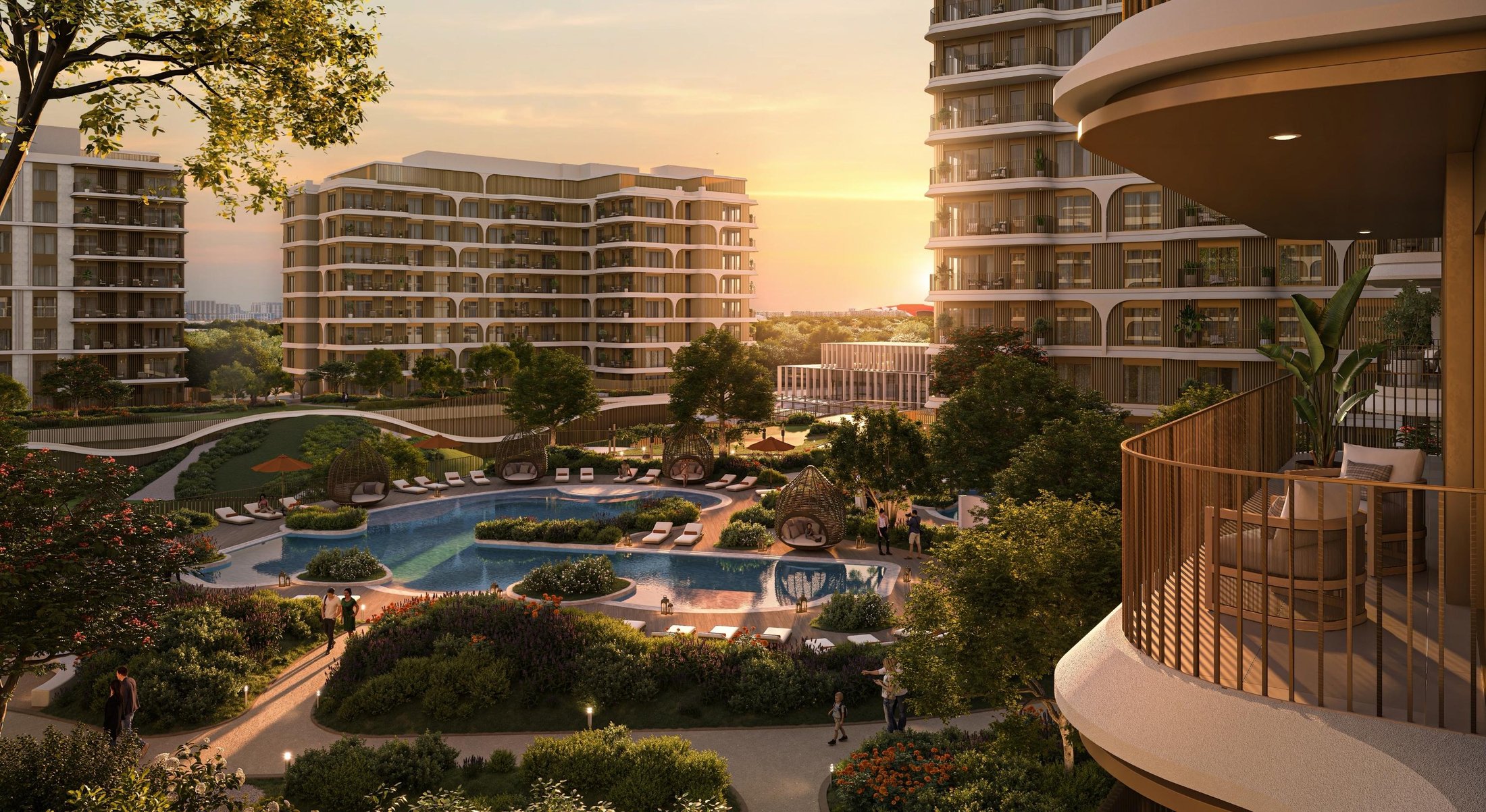 The Canopies at Yas Point — resort-style pool deck at sunset with balcony foreground