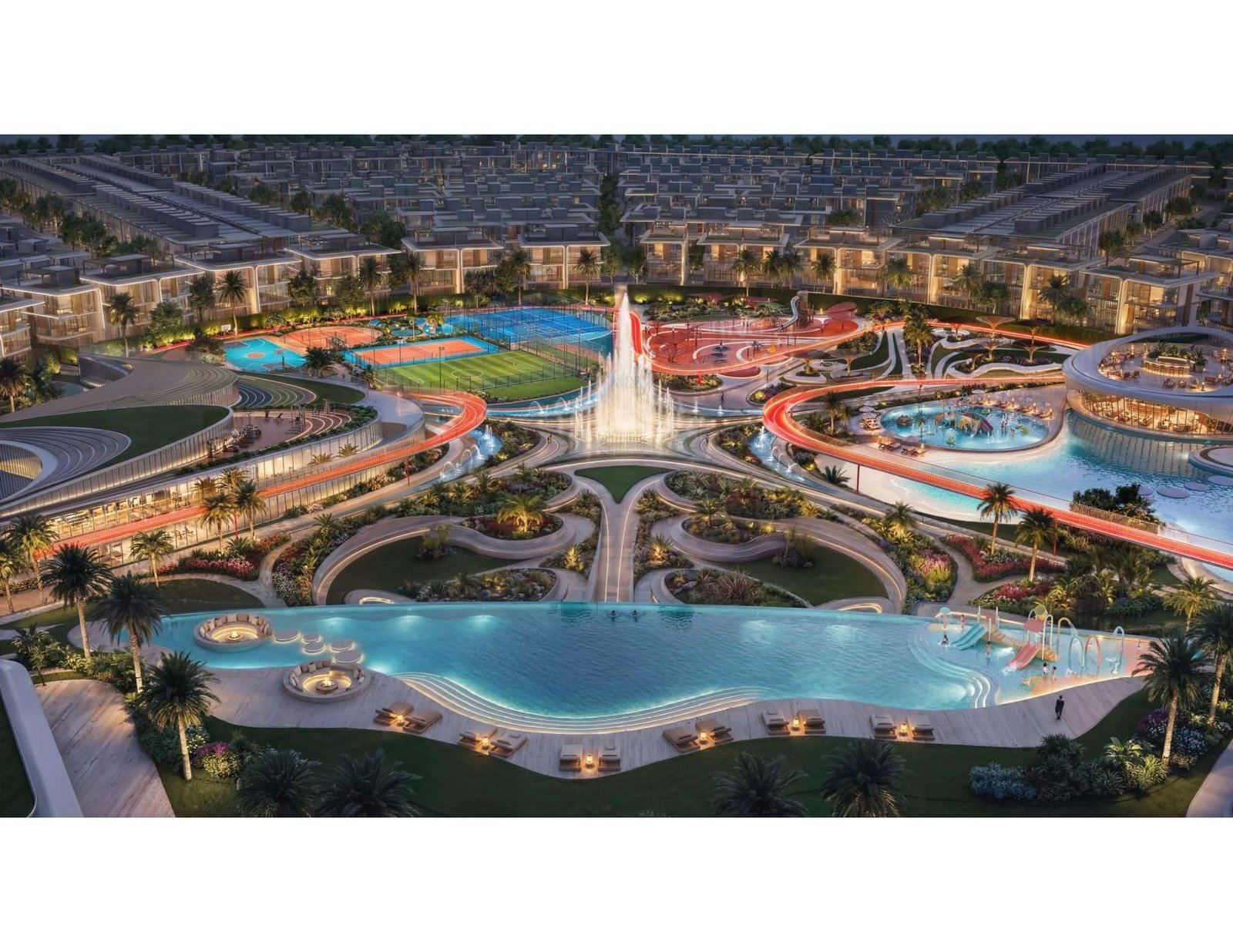 The Dancing Fountain at Greenz by Danube — illuminated musical fountain centrepiece of the masterplan