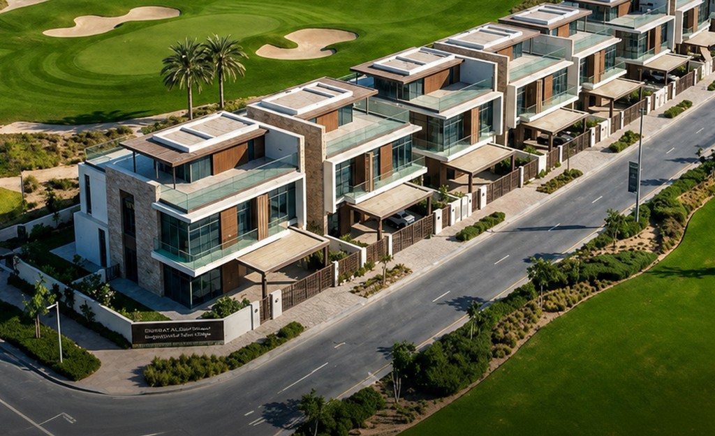 Hudayriyat Golf Estates — townhouses lining the championship golf course, Hudayriyat Island