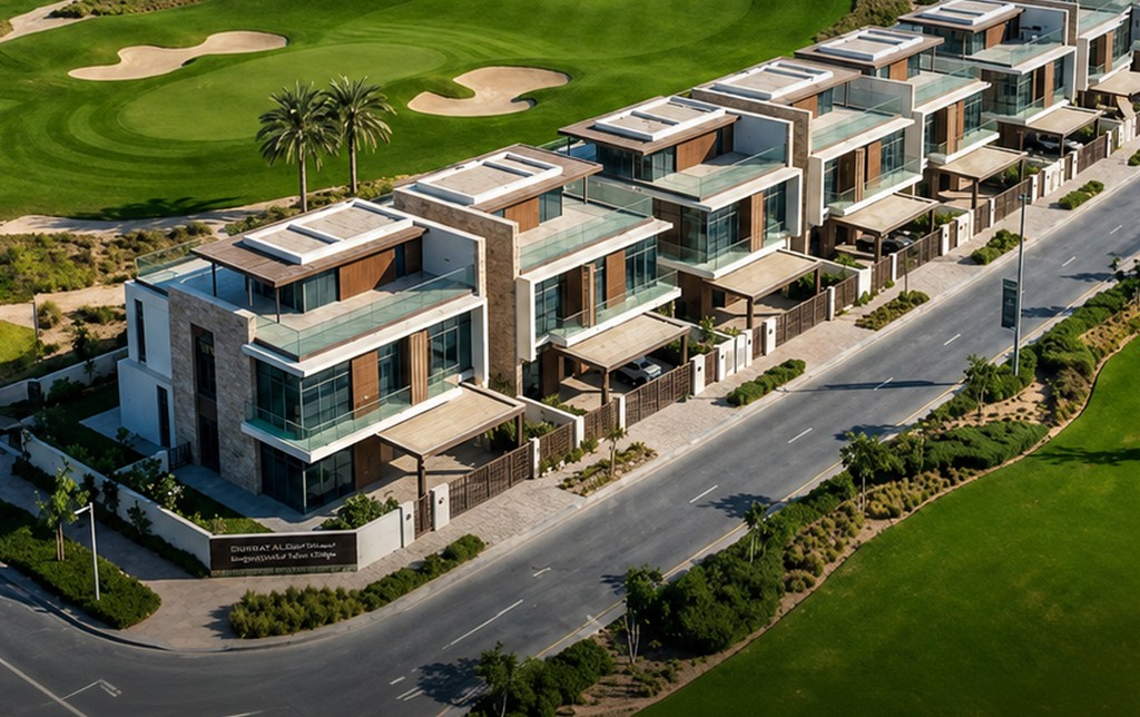 Hudayriyat Golf Estates — aerial view of luxury townhouses lining the golf course with the Arabian Gulf beyond