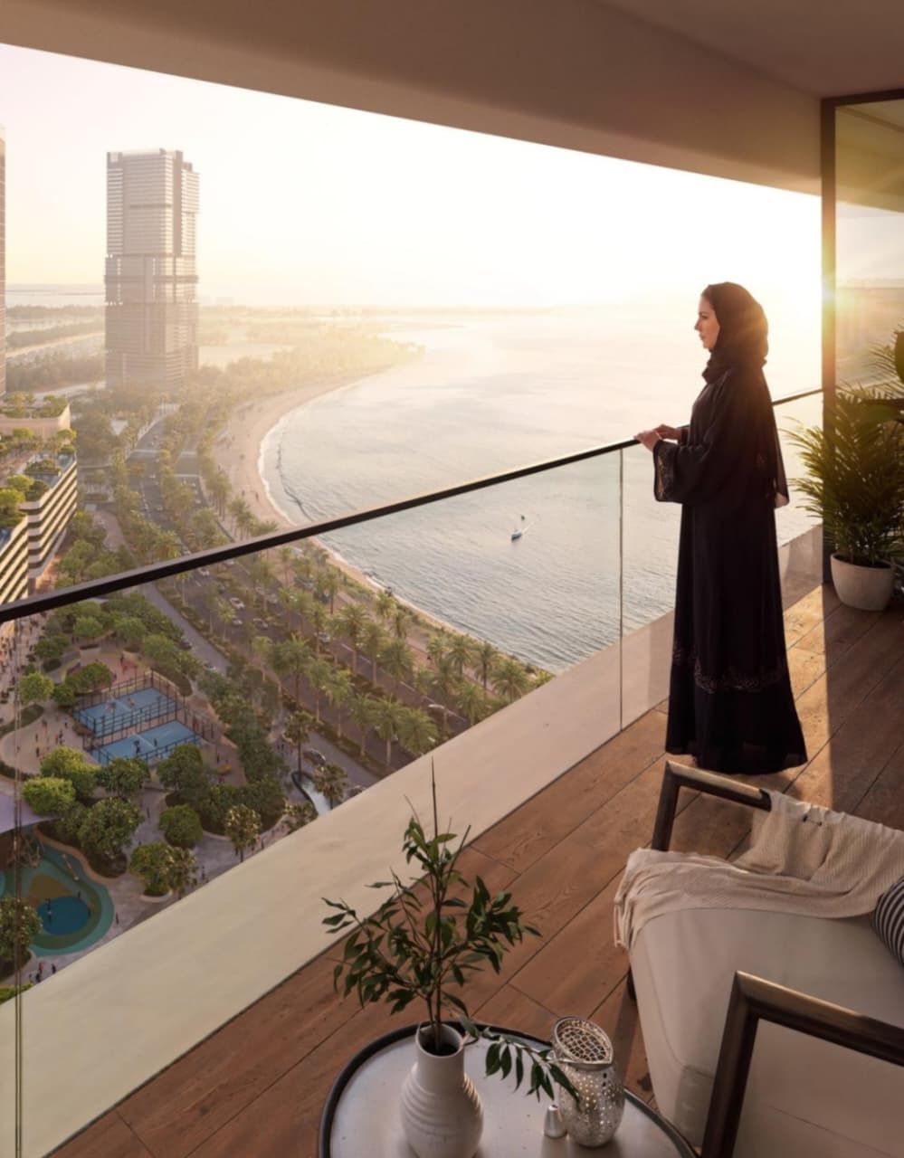 Linar — private balcony overlooking Al Mamzar beach and the Arabian Gulf