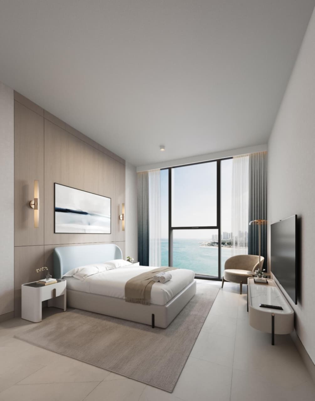 Linar — master bedroom with floor-to-ceiling sea view windows