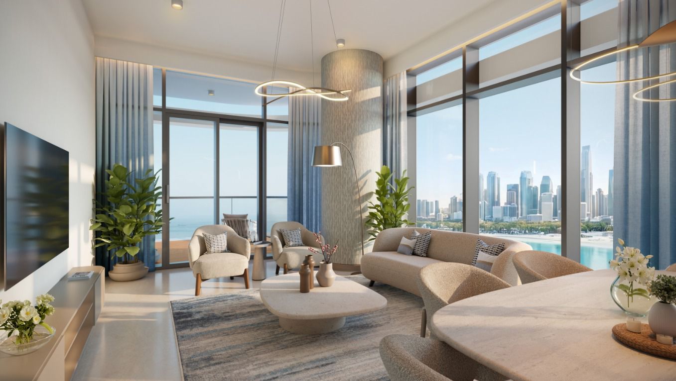 Linar — open-plan living room with sea and skyline view