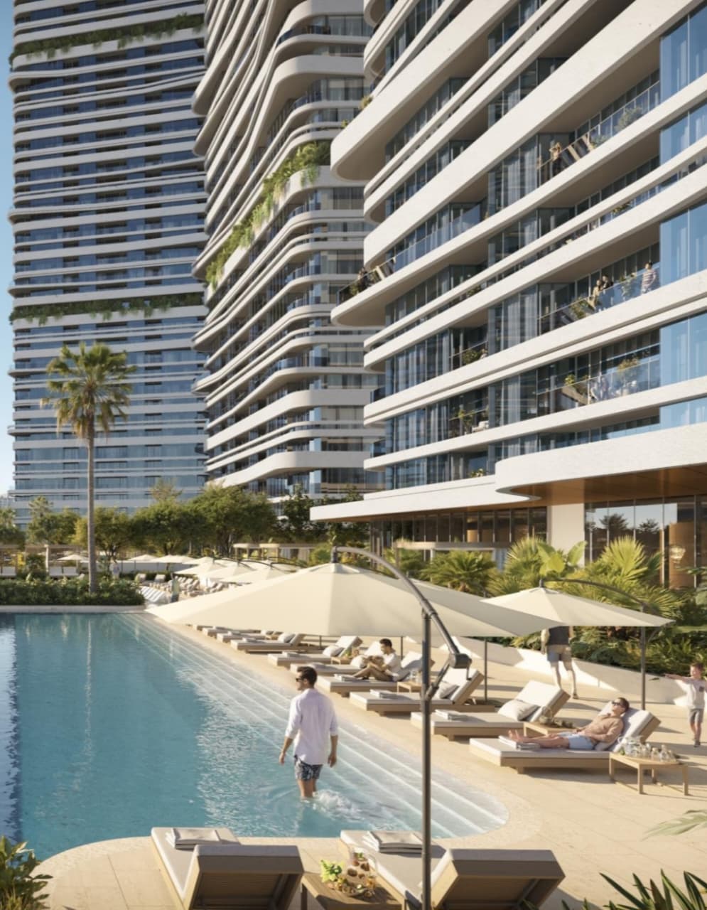 Linar — pool deck with loungers and towers above