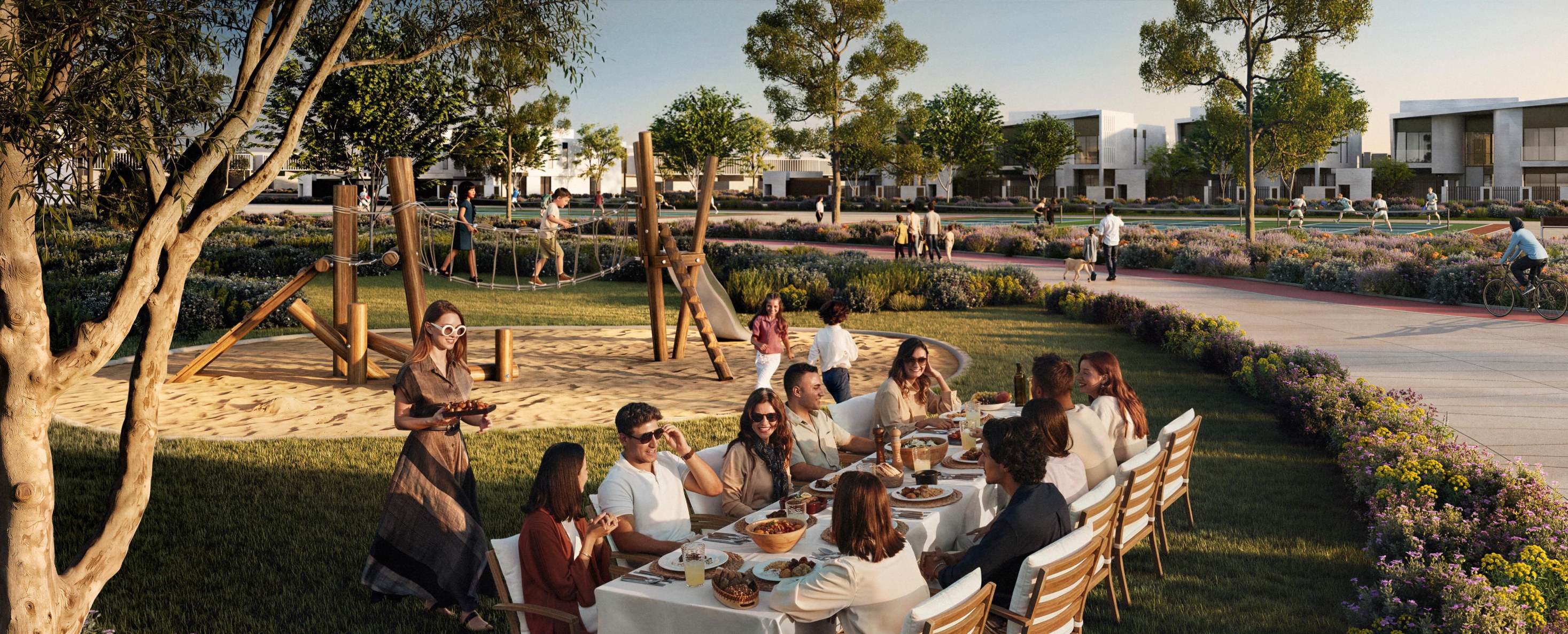 Marsa Al Saadiyat — family picnic and playground scene in a neighbourhood park