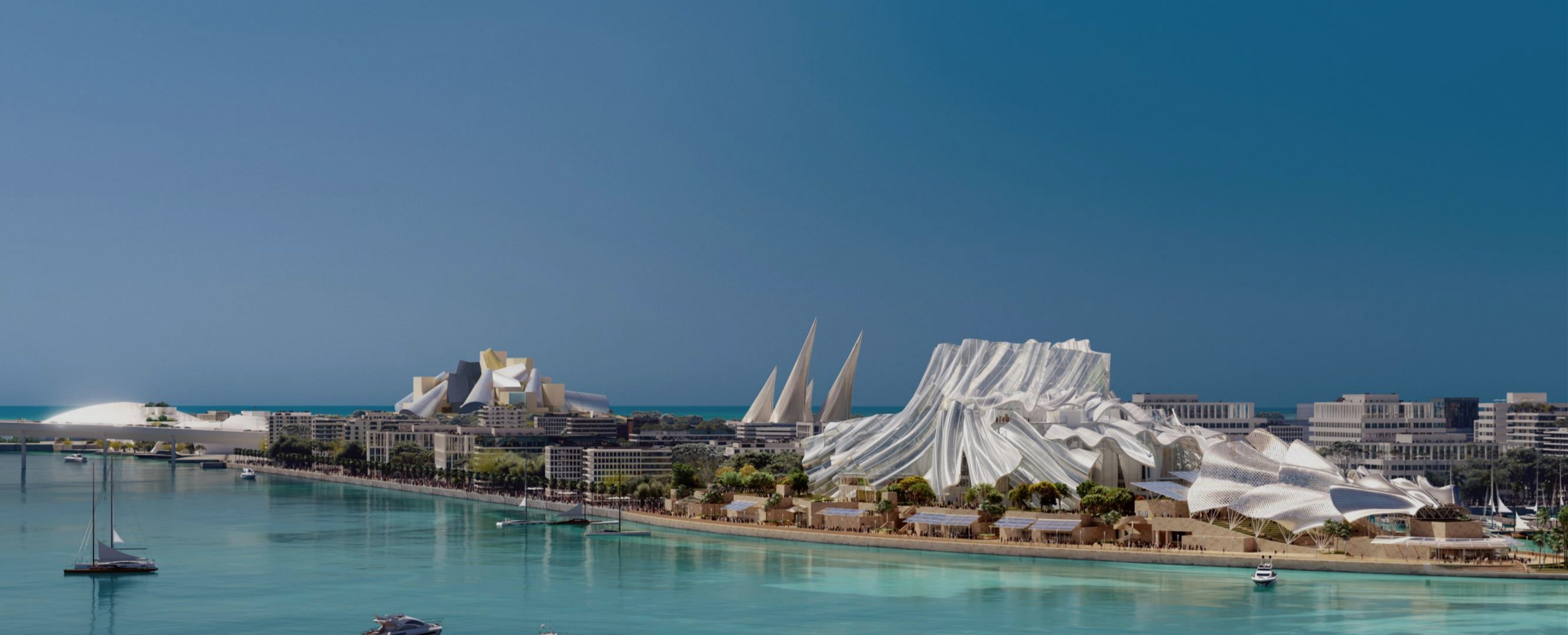 Dar Al Funoon Abu Dhabi — Frank Gehry's waterfront performance venue at dusk