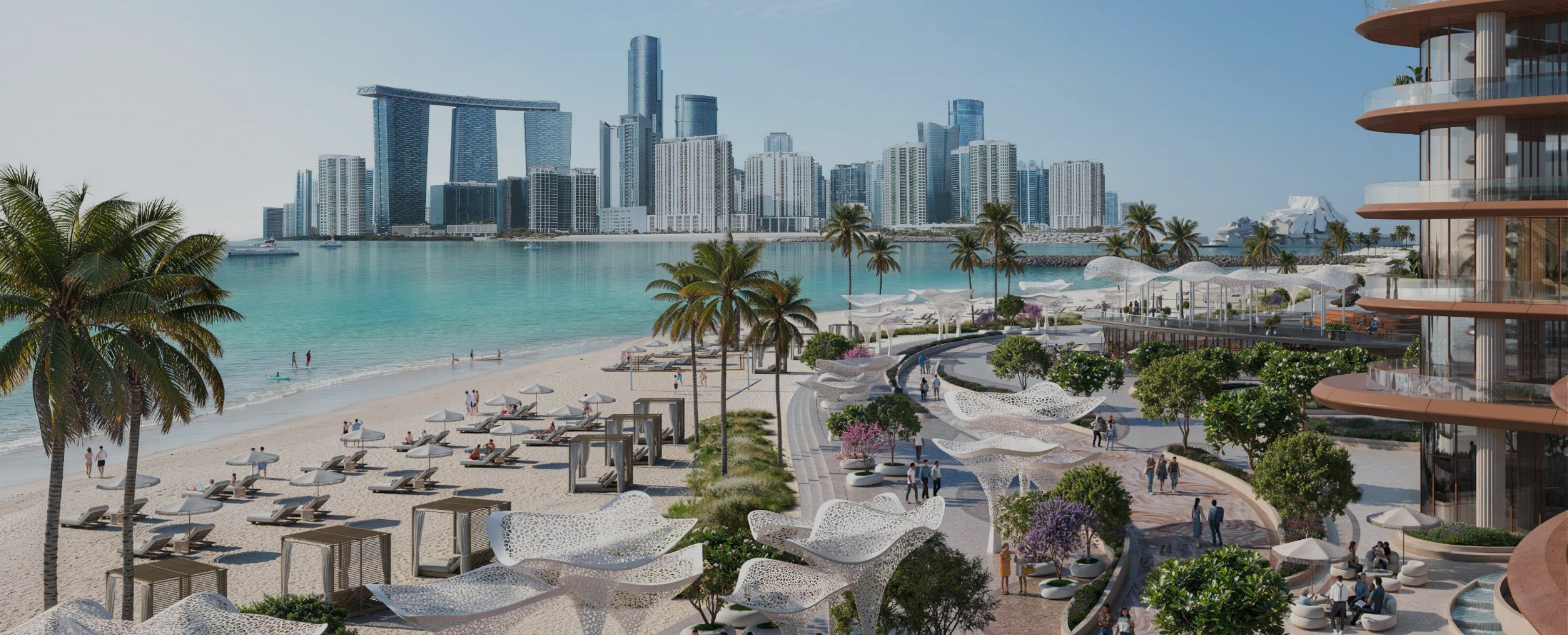 Marsa Al Saadiyat — beachfront promenade with shade structures, palms and the Abu Dhabi skyline