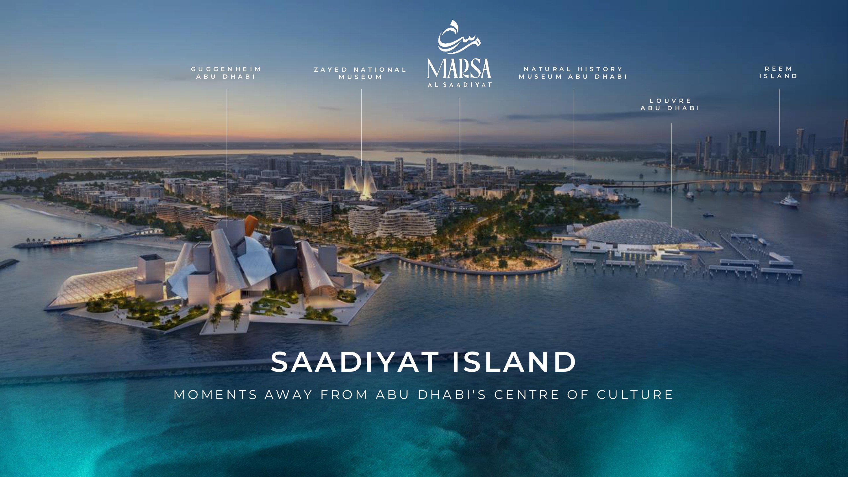 Dusk aerial of Saadiyat Island showing Guggenheim Abu Dhabi, Zayed National Museum, Natural History Museum Abu Dhabi, Louvre Abu Dhabi and Reem Island in the distance