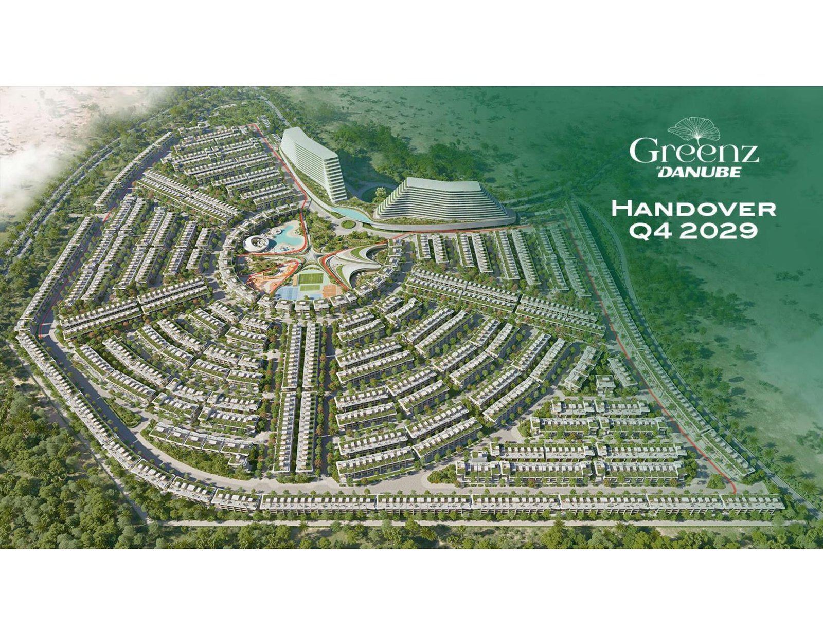 Greenz by Danube masterplan aerial — ginkgo-leaf shaped community in Dubai Academic City