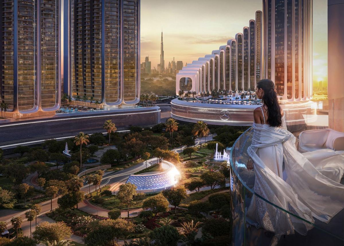 Resident balcony view over the Grand Promenade with Burj Khalifa skyline in the distance