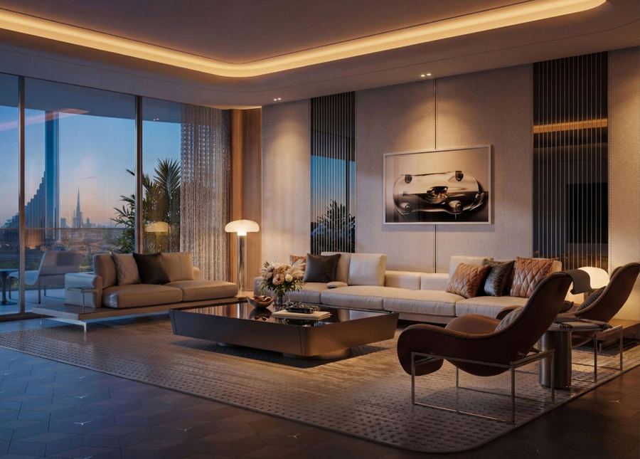Vision One-Eleven residence lounge at dusk with Burj Khalifa view