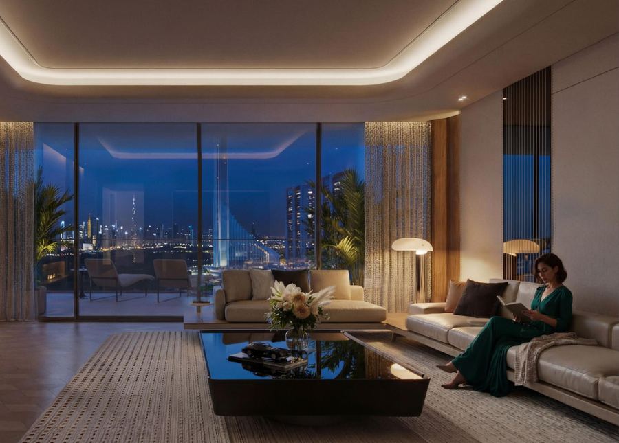 Vision AVTR living area at night with Dubai skyline
