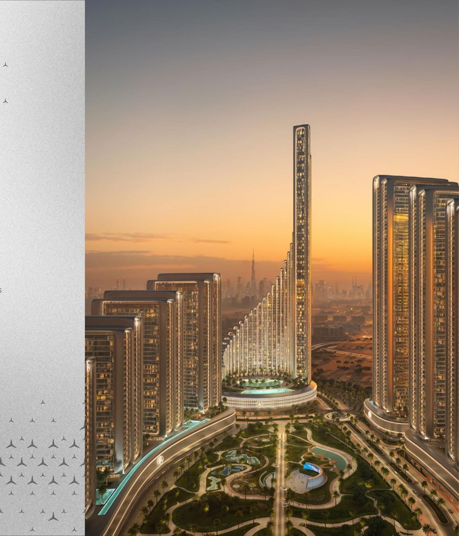 The 12 towers of Mercedes-Benz Places Binghatti City at dusk — precision-engineered architecture