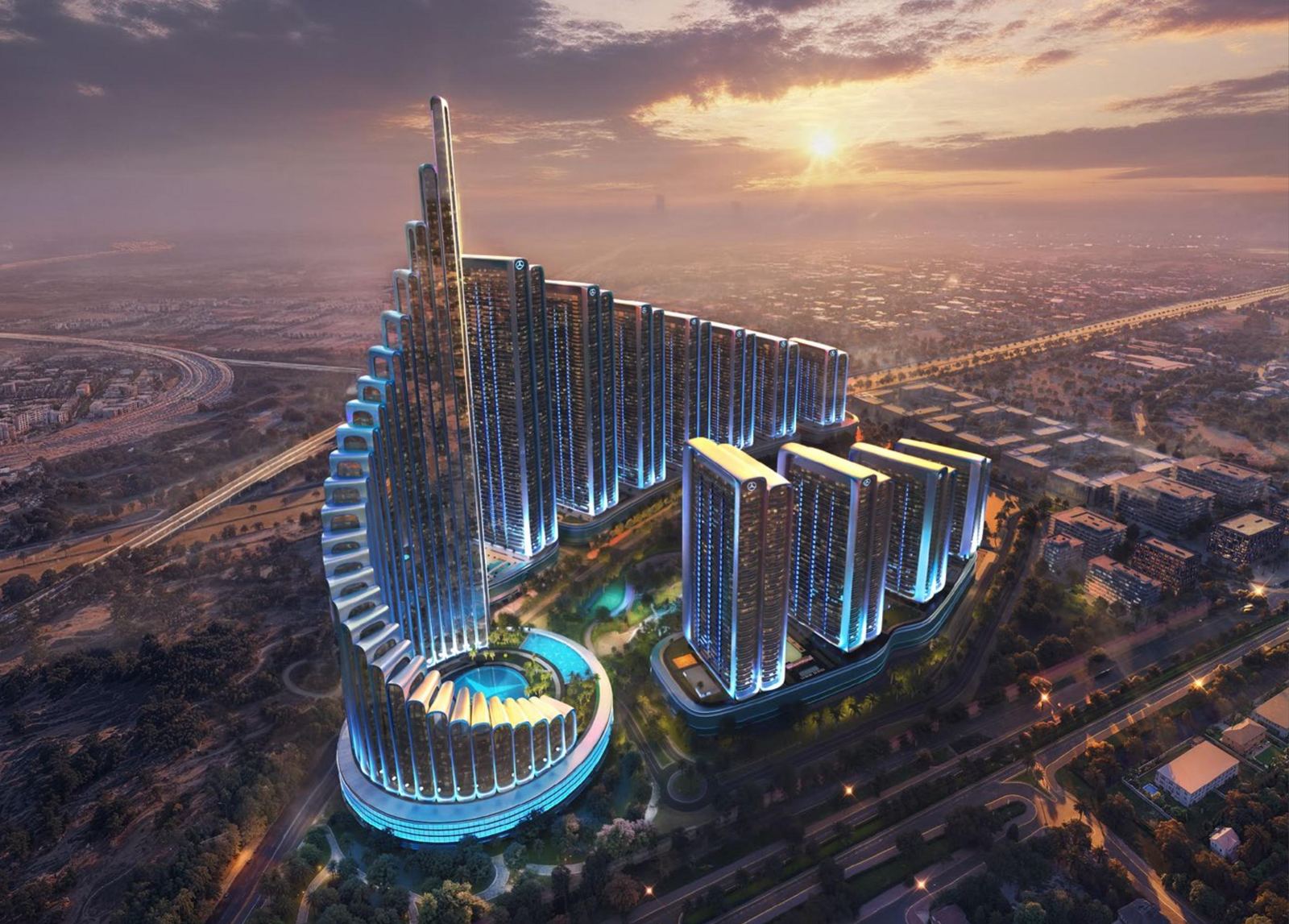 Mercedes-Benz Places Binghatti City masterplan at sunset — 12 illuminated towers above a landscaped promenade