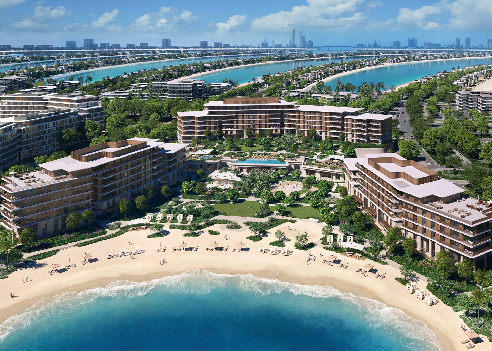 Palm Central aerial — beach, pool and Dubai skyline