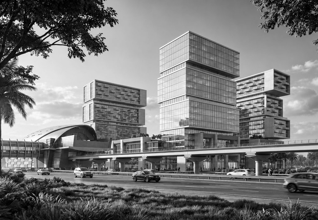 RAW District by Imtiaz — daytime exterior render, twin towers on Sheikh Zayed Road Dubai