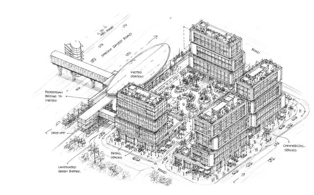 RAW District by Imtiaz — Sheikh Zayed Road exterior render with metro connectivity