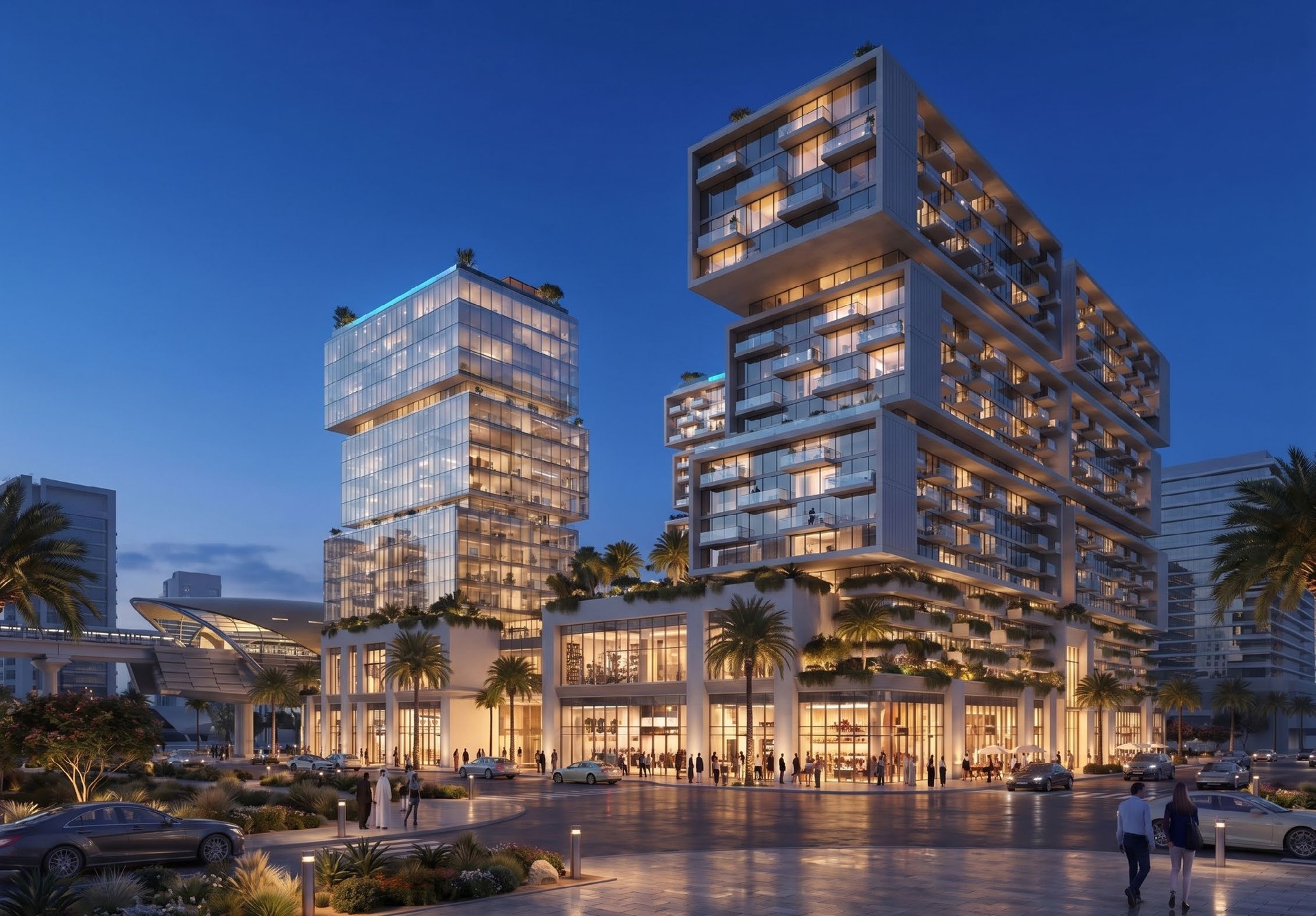 RAW District by Imtiaz — dusk exterior render, towers illuminated at sunset on Sheikh Zayed Road Dubai