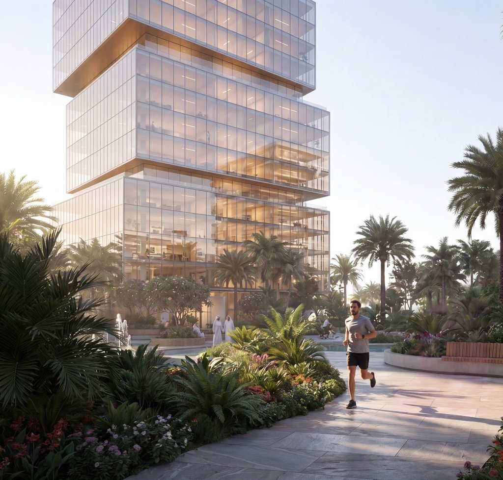 RAW District by Imtiaz — evening exterior render, towers illuminated at golden hour