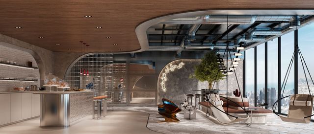 RAW District — clubhouse lounge with industrial-chic design and city backdrop