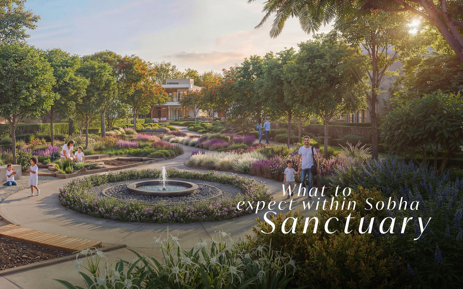 The Greens at Sobha Sanctuary — landscaped sunset garden with fountain and family villas