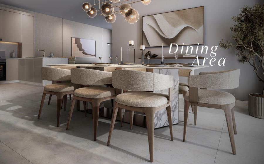 Dining area interior — kitchen island and chandelier