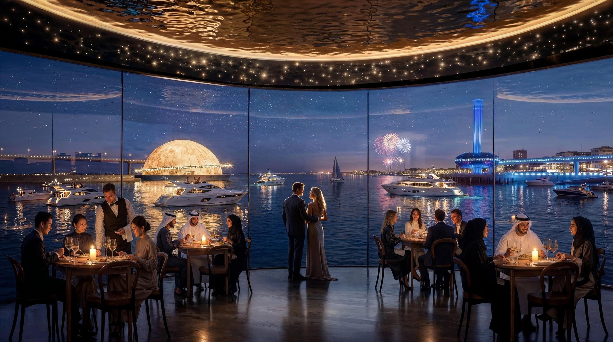 Sobha City — waterfront clubhouse lounge overlooking the marina by night