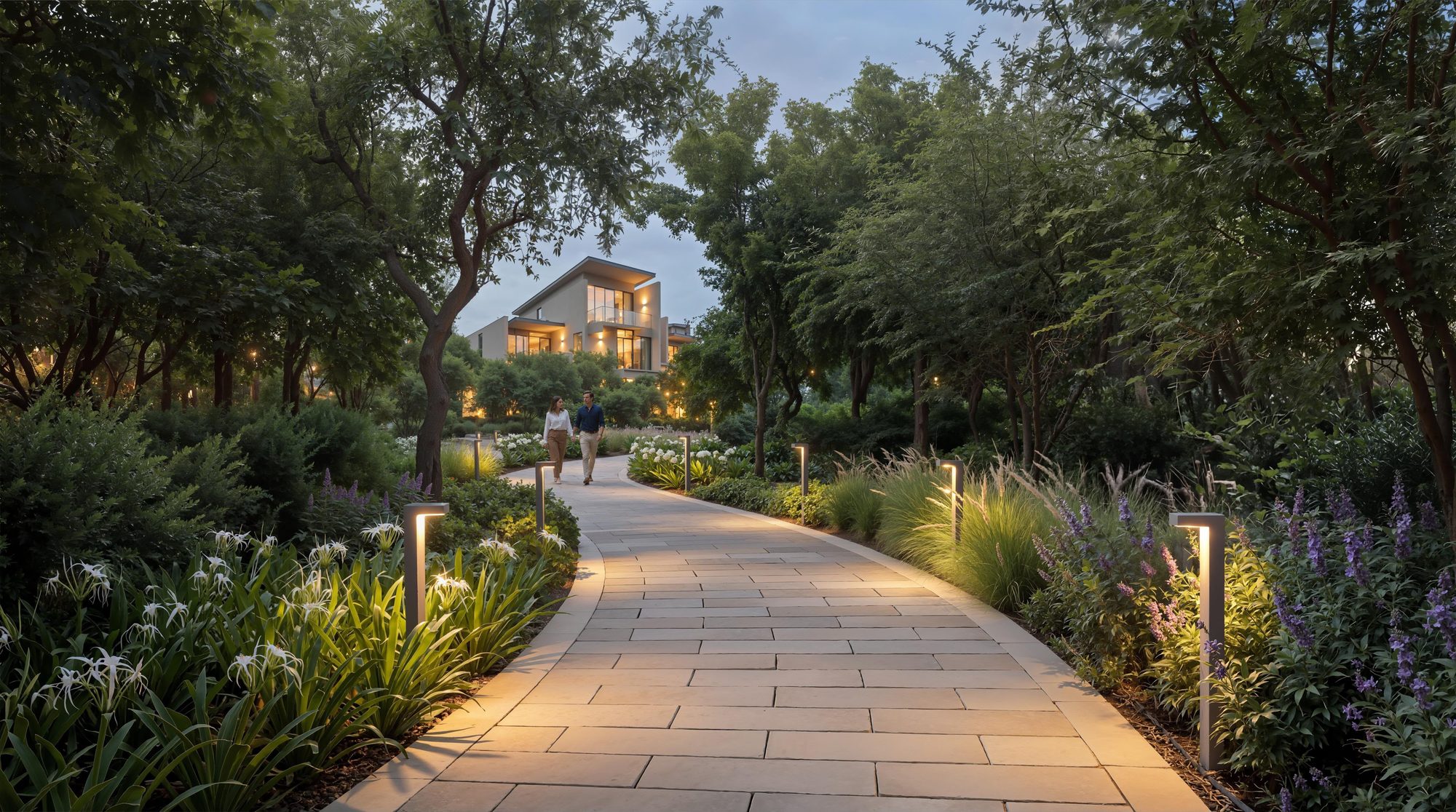 The Terraces at Sobha City by Sobha Realty — garden pathway leading to a Garden Villa at dusk, Sobha City, Abu Dhabi