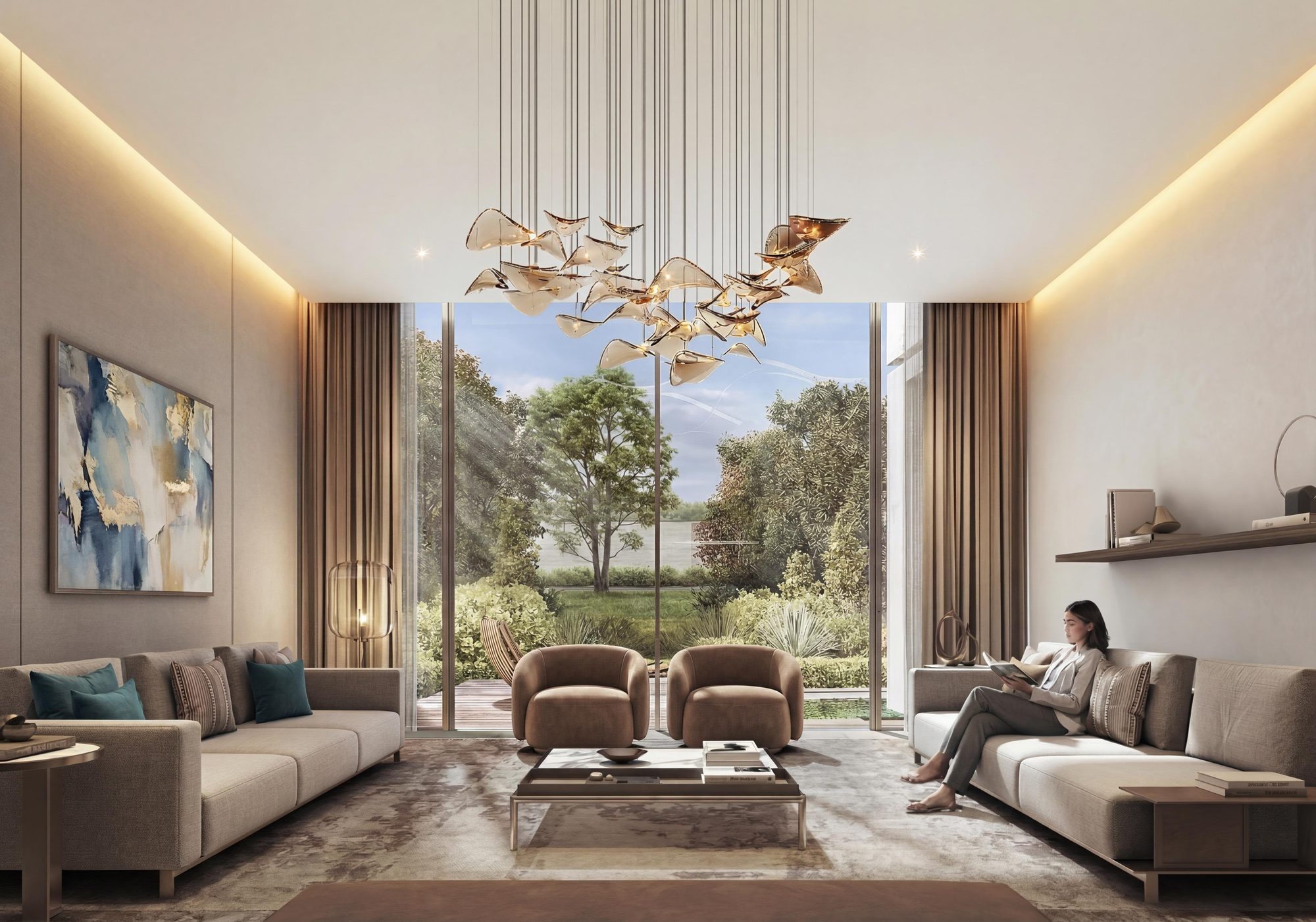 The Terraces at Sobha City — living room framed by the wider Sobha City masterplan greenery