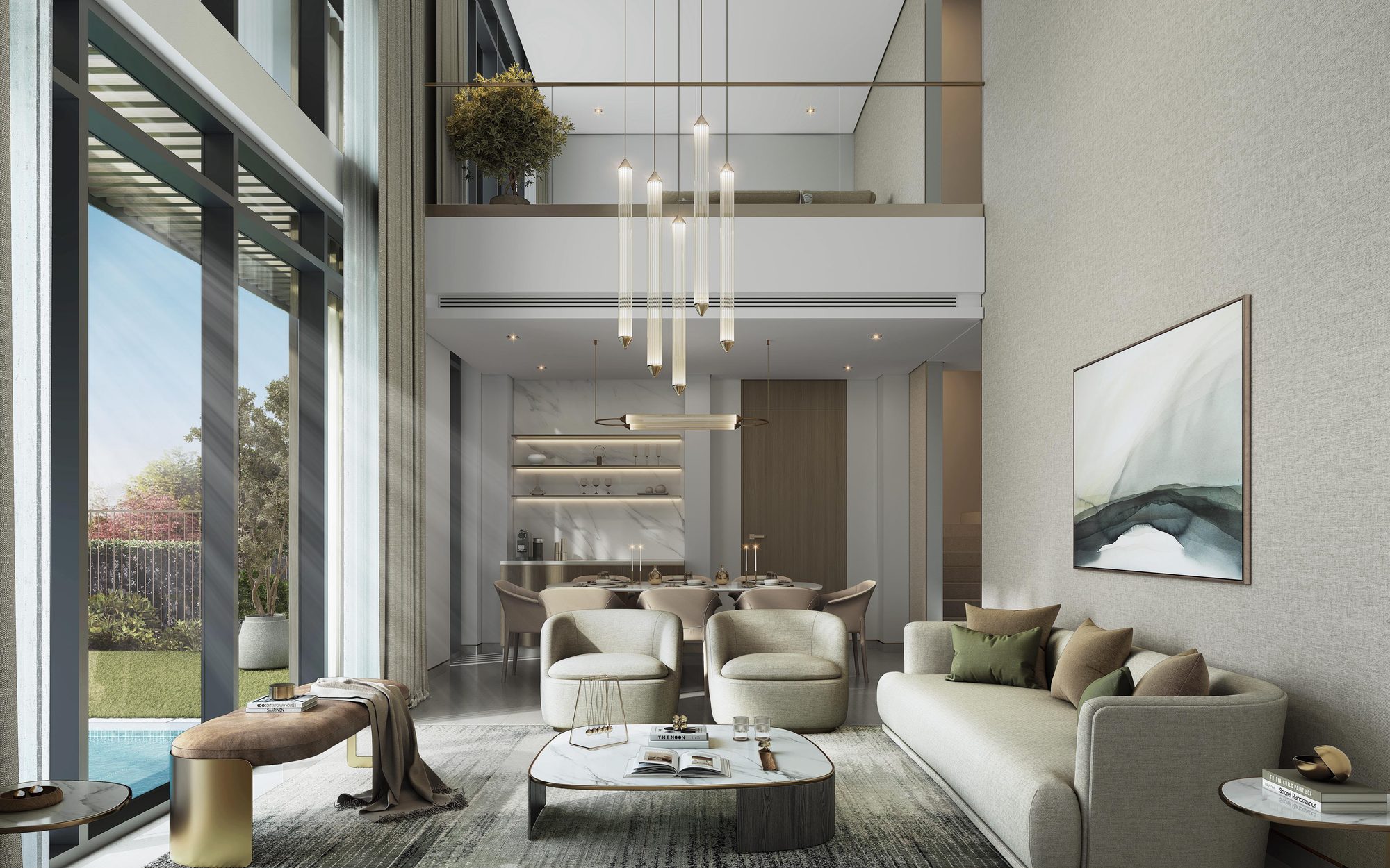 The Terraces at Sobha City — double-height living room with mezzanine gallery in the 4 Bedroom Garden Villa