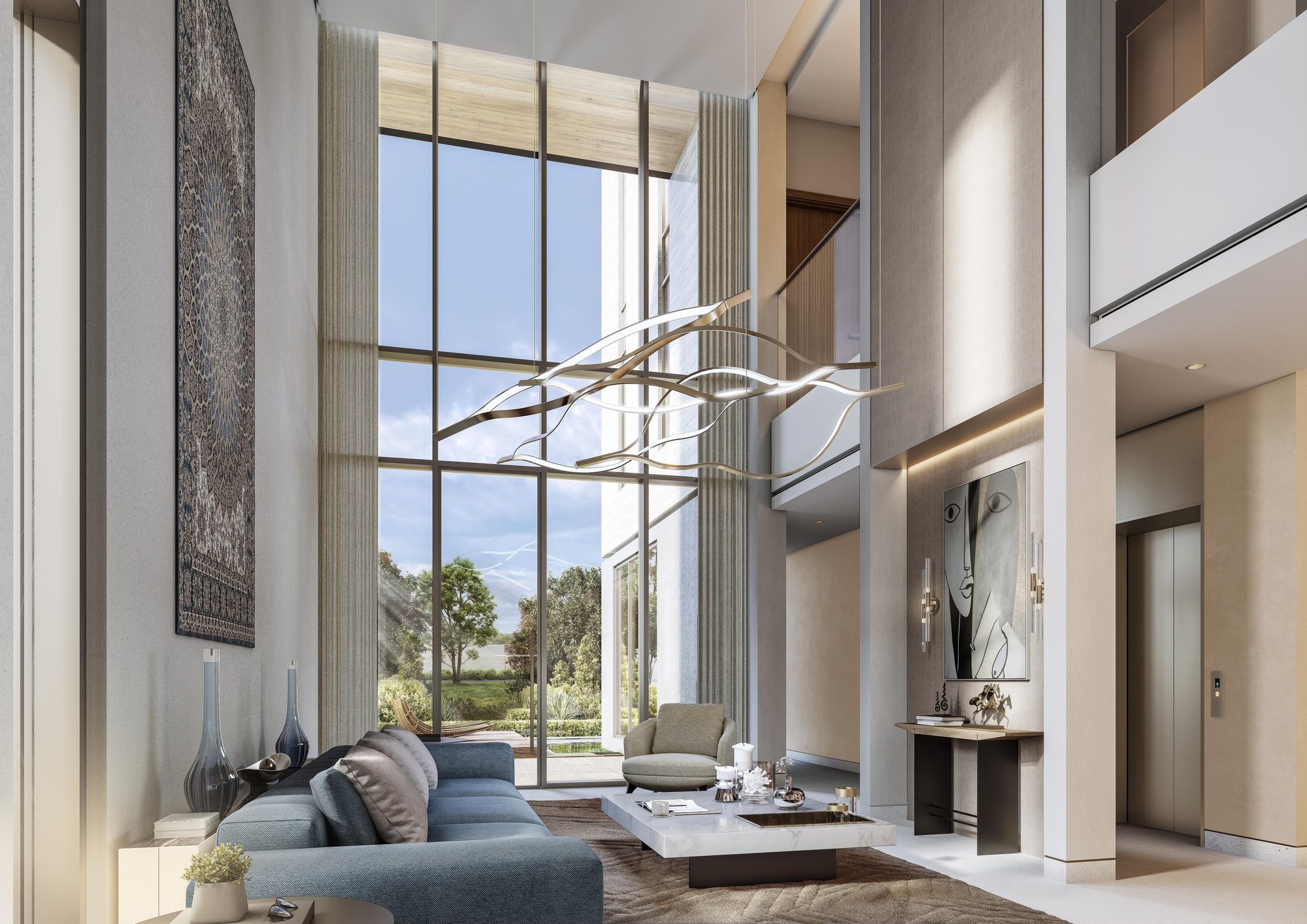 The Terraces at Sobha City — living room opening onto a private garden through full-height glazing