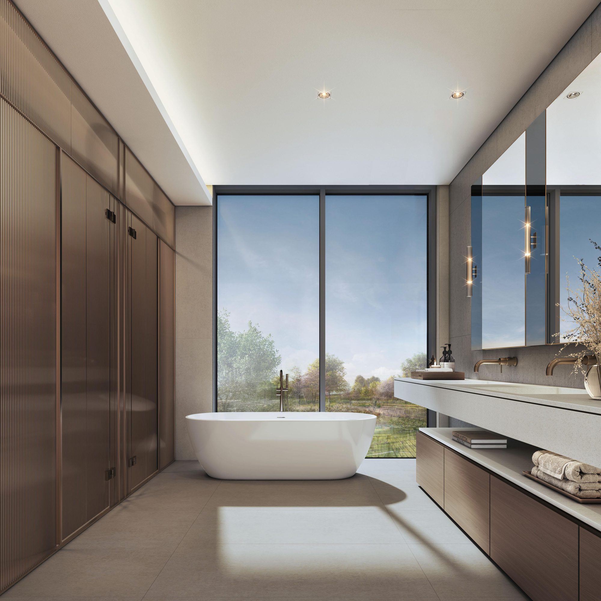 The Terraces at Sobha City — master bathroom with freestanding tub facing a private garden view