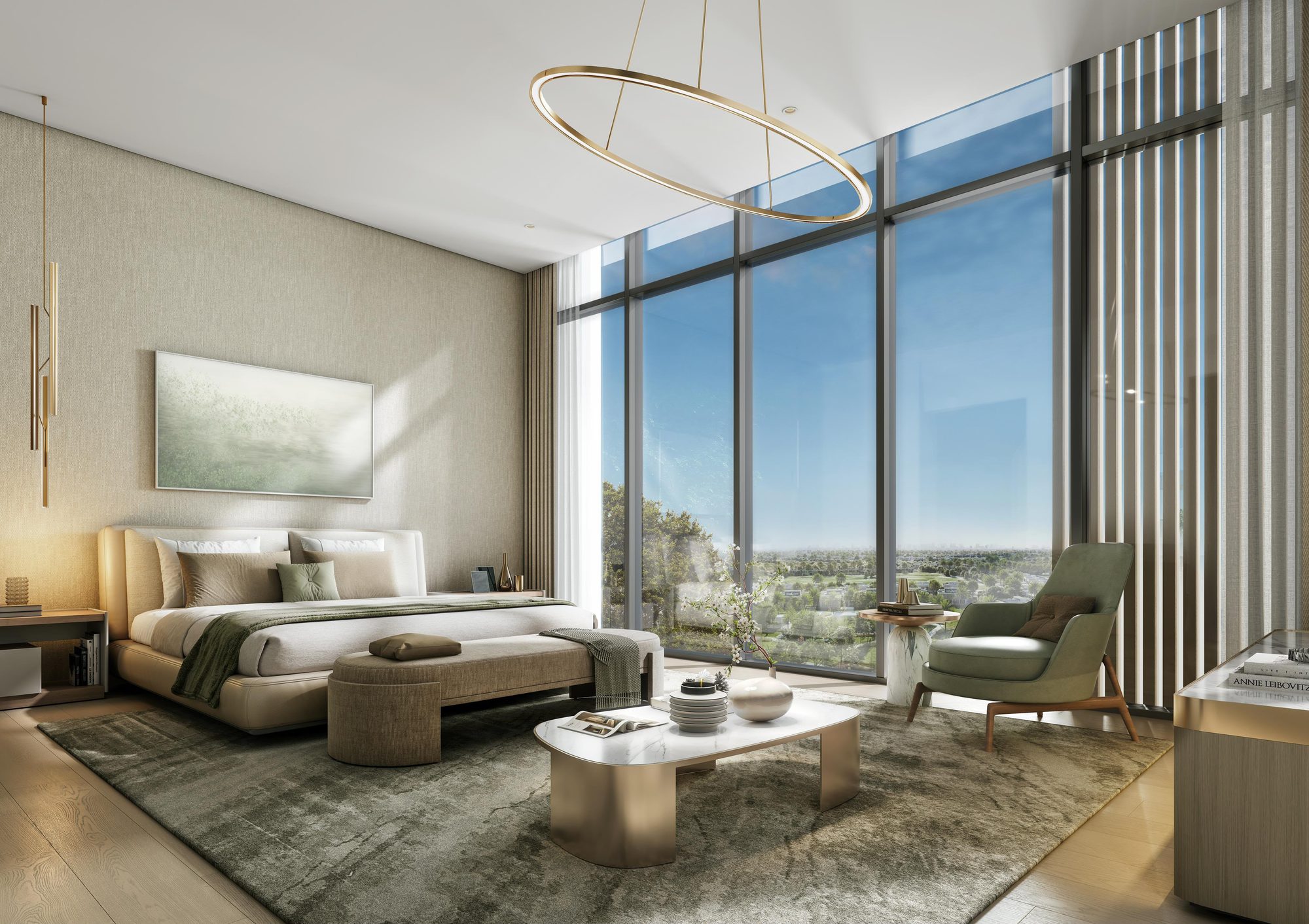 The Terraces at Sobha City — primary bedroom with panoramic green views over Sobha City