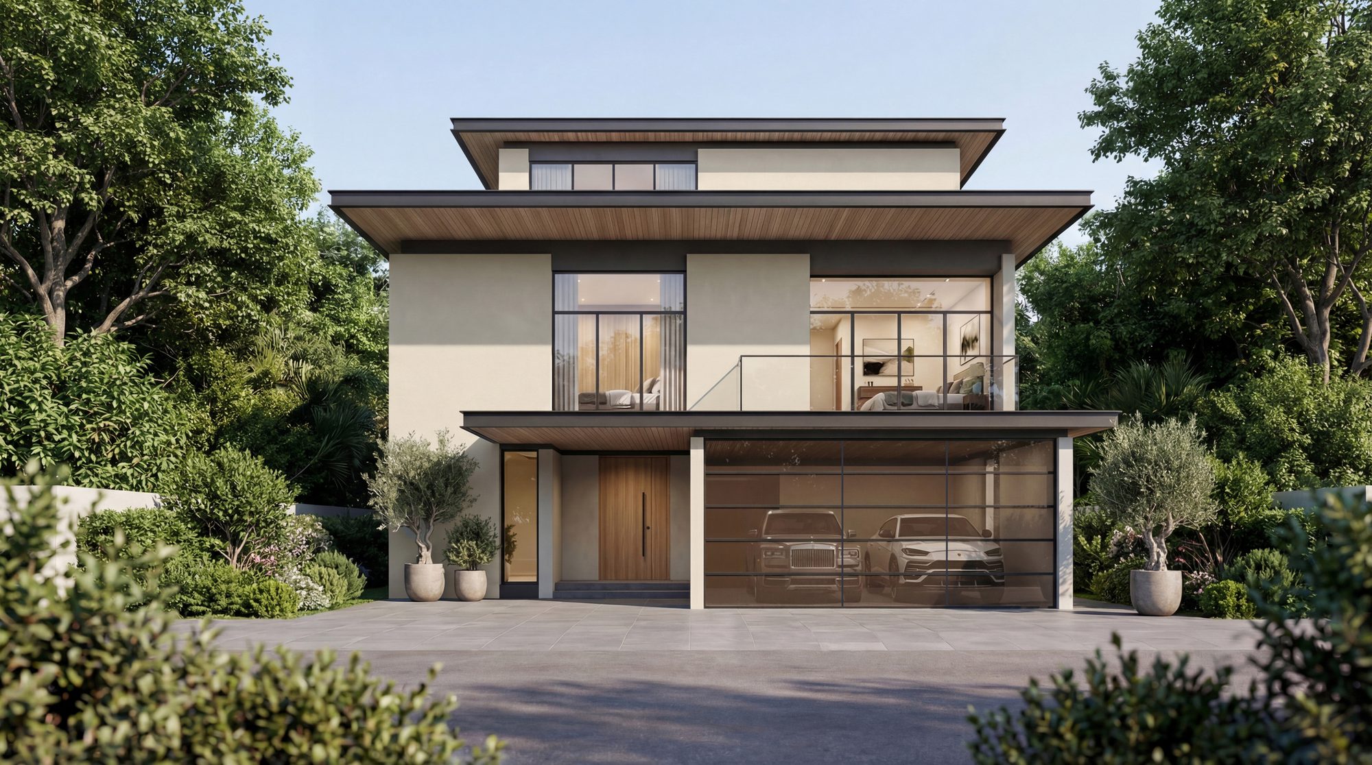 The Terraces at Sobha City — Garden Villa street frontage with covered parking and mature landscaping